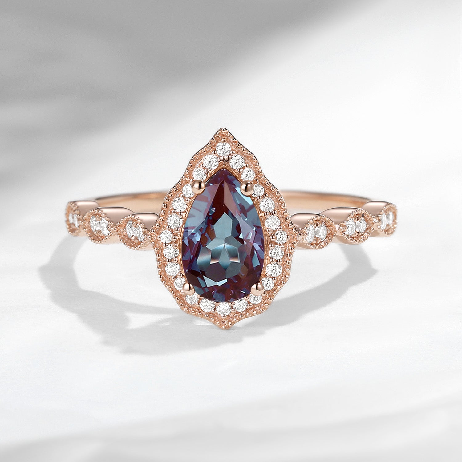 Vintage Pear Cut Alexandrite Engagement Halo Ring