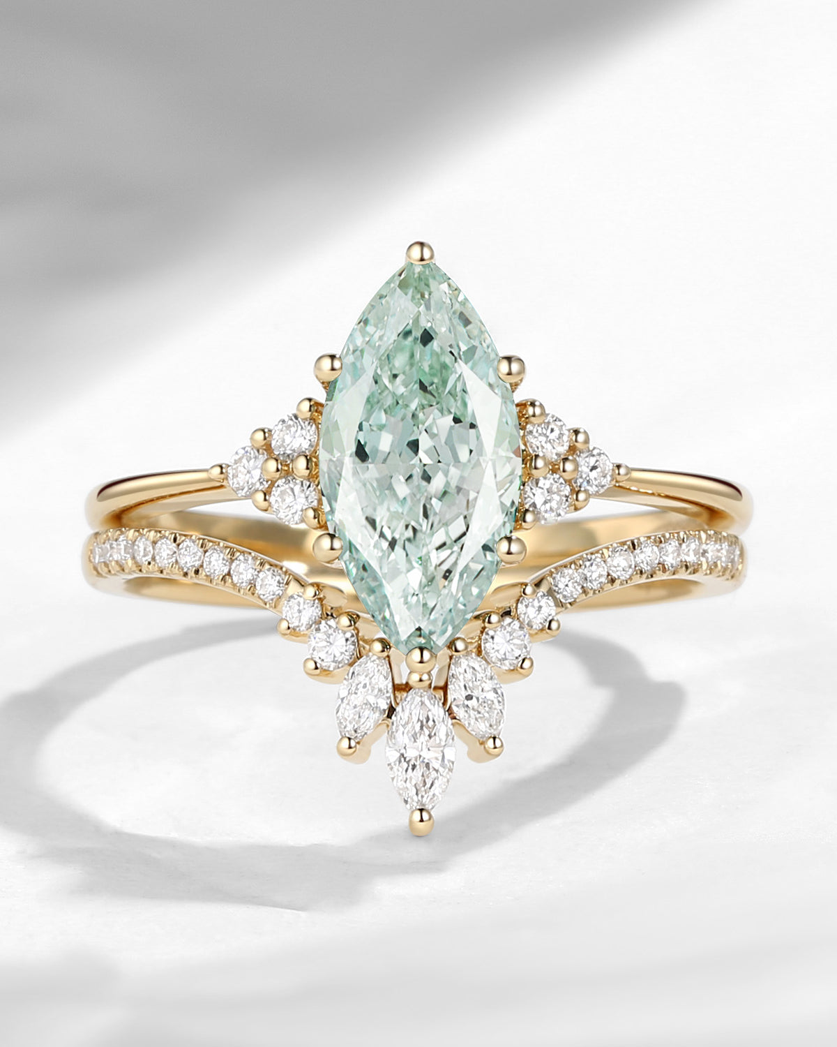 Classic Style Marquise Cut Green Lab Diamond Cluster Engagement Ring Set 2pcs