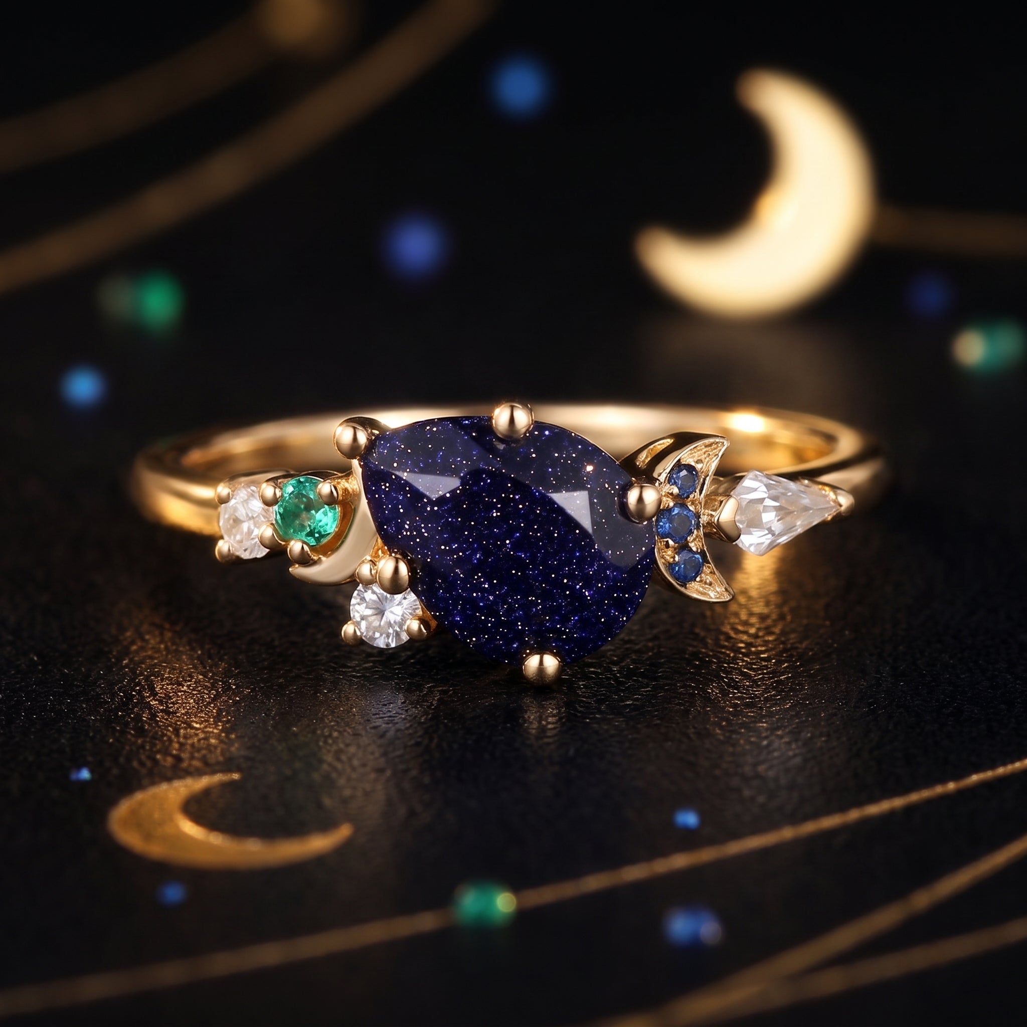 Crescent Moon - Art Deco Pear Cut Blue Sandstone Cluster Engagement Ring