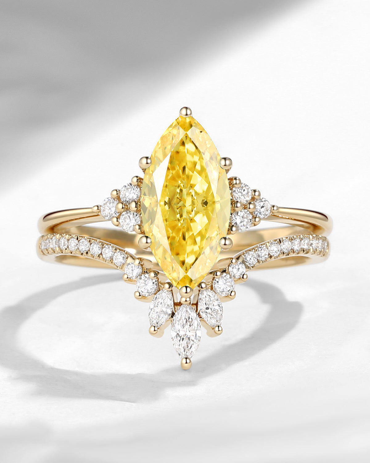 Classic Style Marquise Cut Yellow Lab Diamond Cluster Engagement Ring Set 2pcs