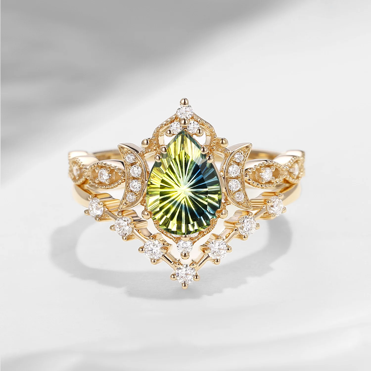 Crescent Moon | Fantasy Carved Pear Shaped Natural Multi-Colored Sapphire Galaxy Engagement Ring Set 2pcs