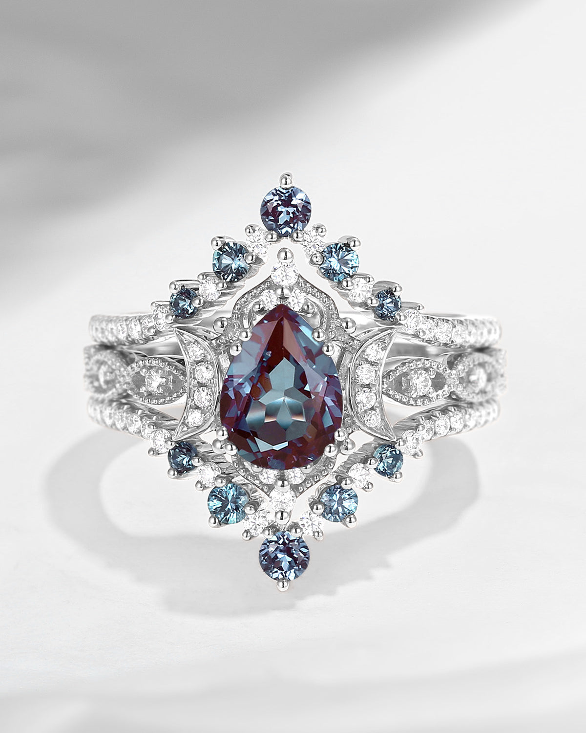 Crescent Moon | Unique Pear Shaped Alexandrite Changing Color Ring Set
