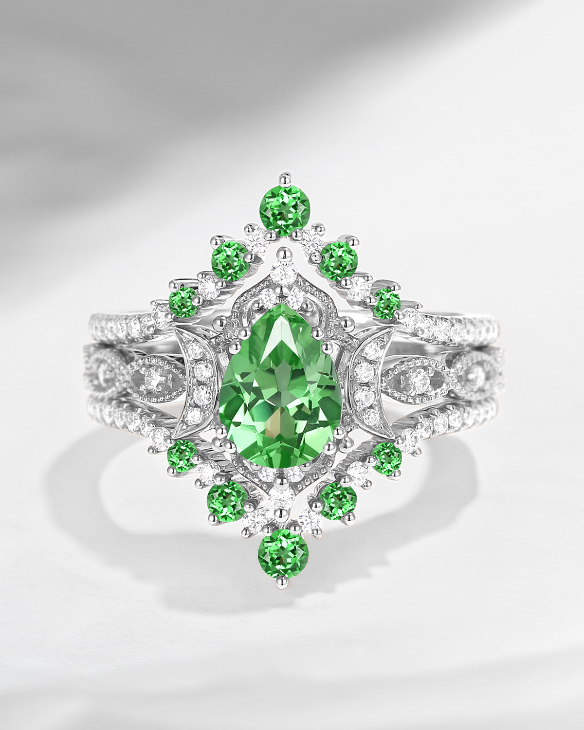 Crescent Moon | Unique Pear Shaped Lab Tsavorite Vintage Engagement Ring Set 3pcs 18K
