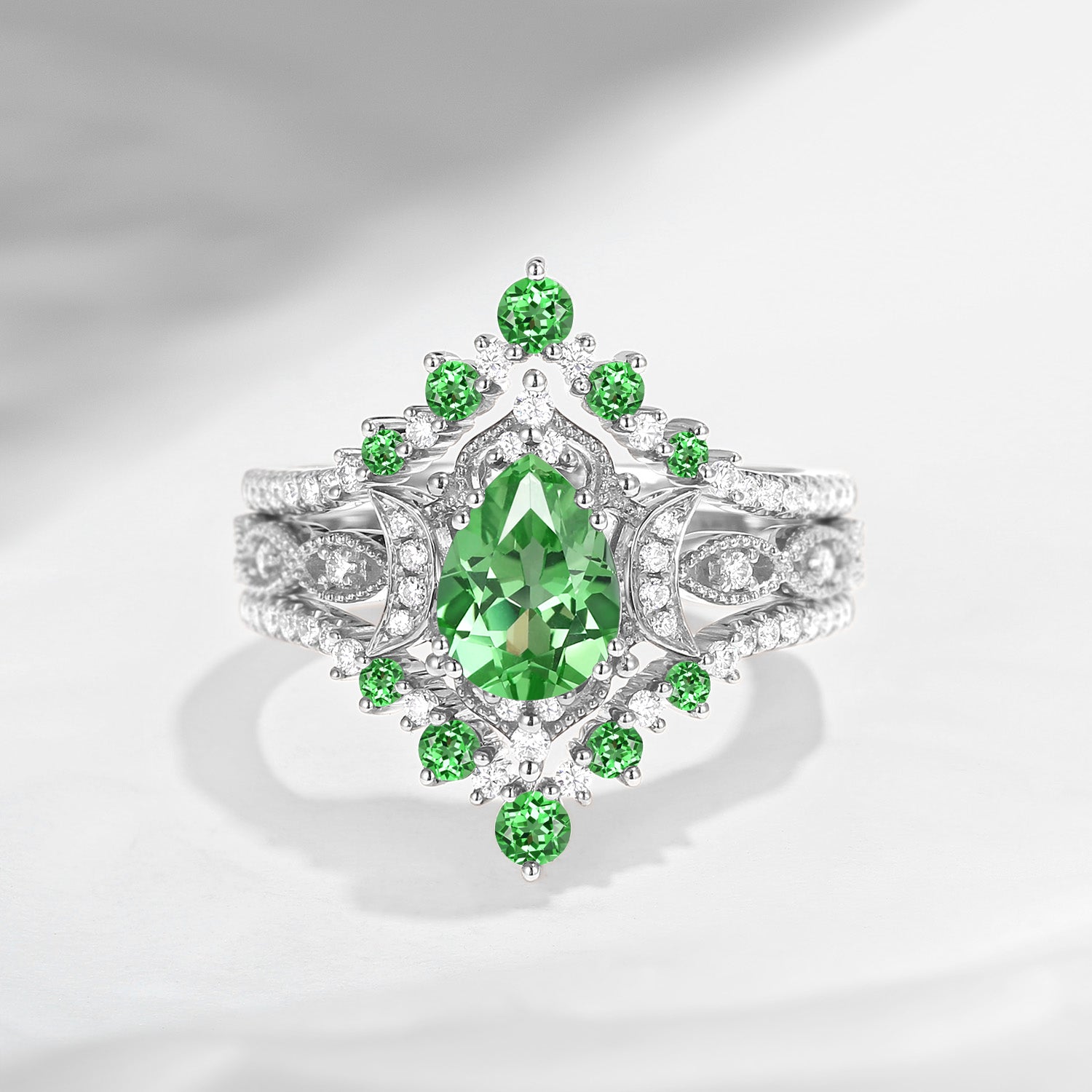 Crescent Moon | Unique Pear Shaped Lab Tsavorite Vintage Engagement Ring Set 3pcs 18K