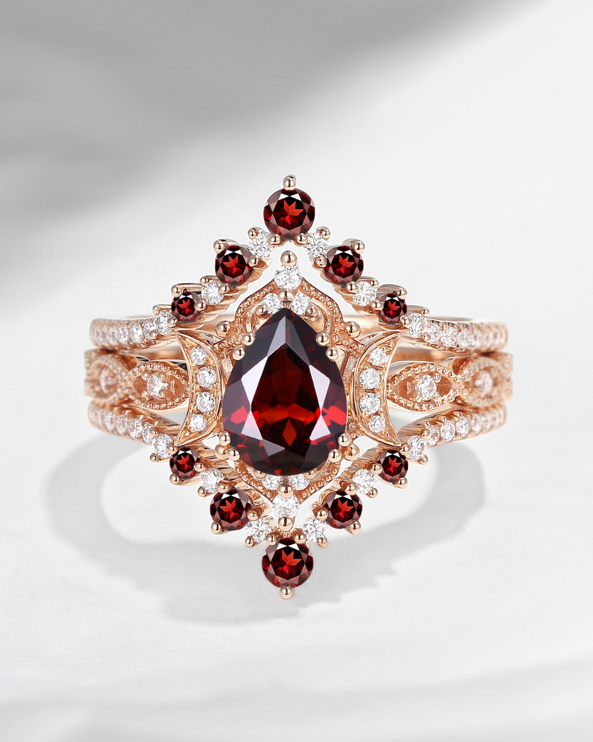 Crescent Moon | Unique Pear Cut Garnet Ring Bridal Set 3pcs