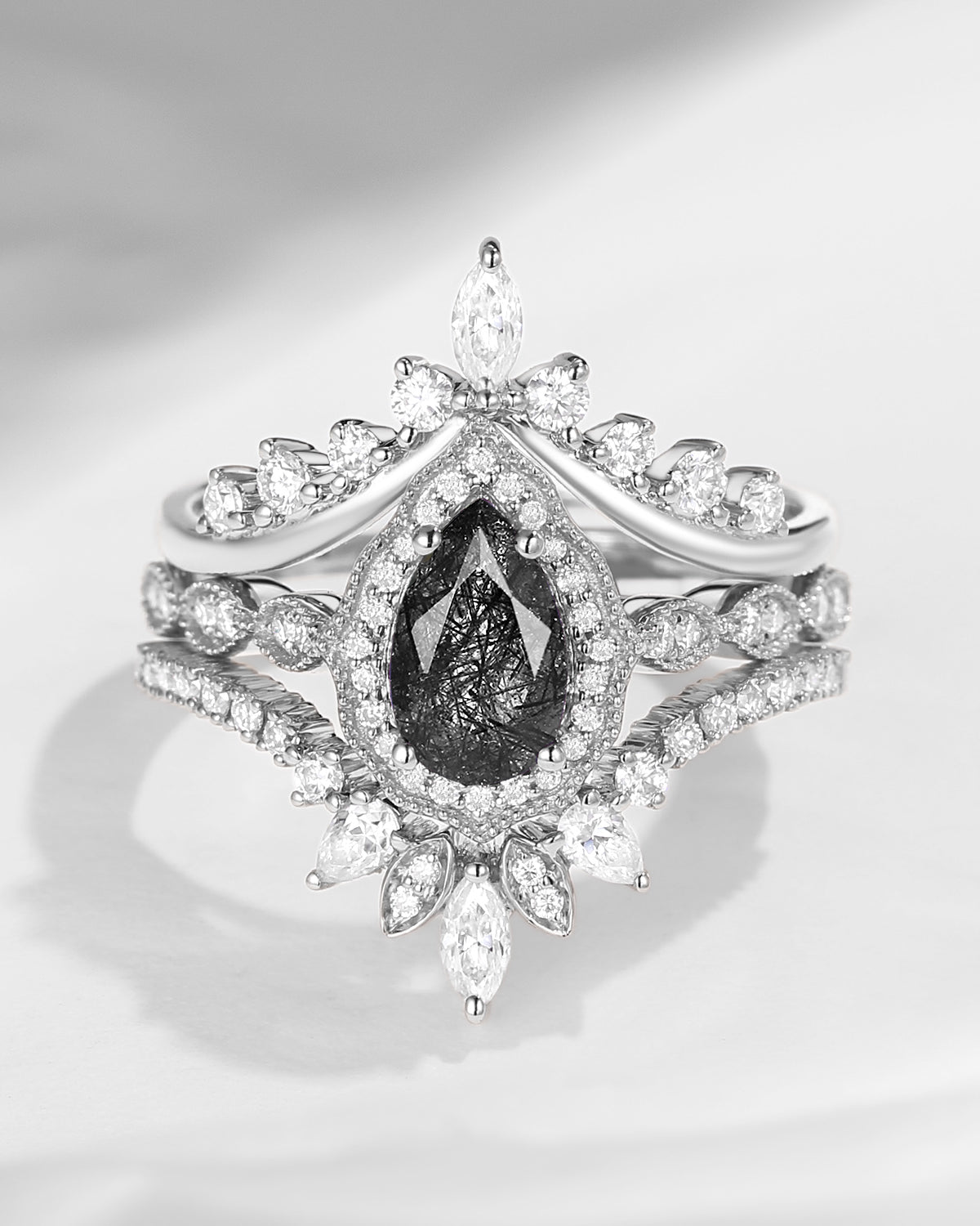 Vintage Inspired Pear Shaped Milgrain Black Rutilated Quartz Engagement Ring Set 3pcs - Diva