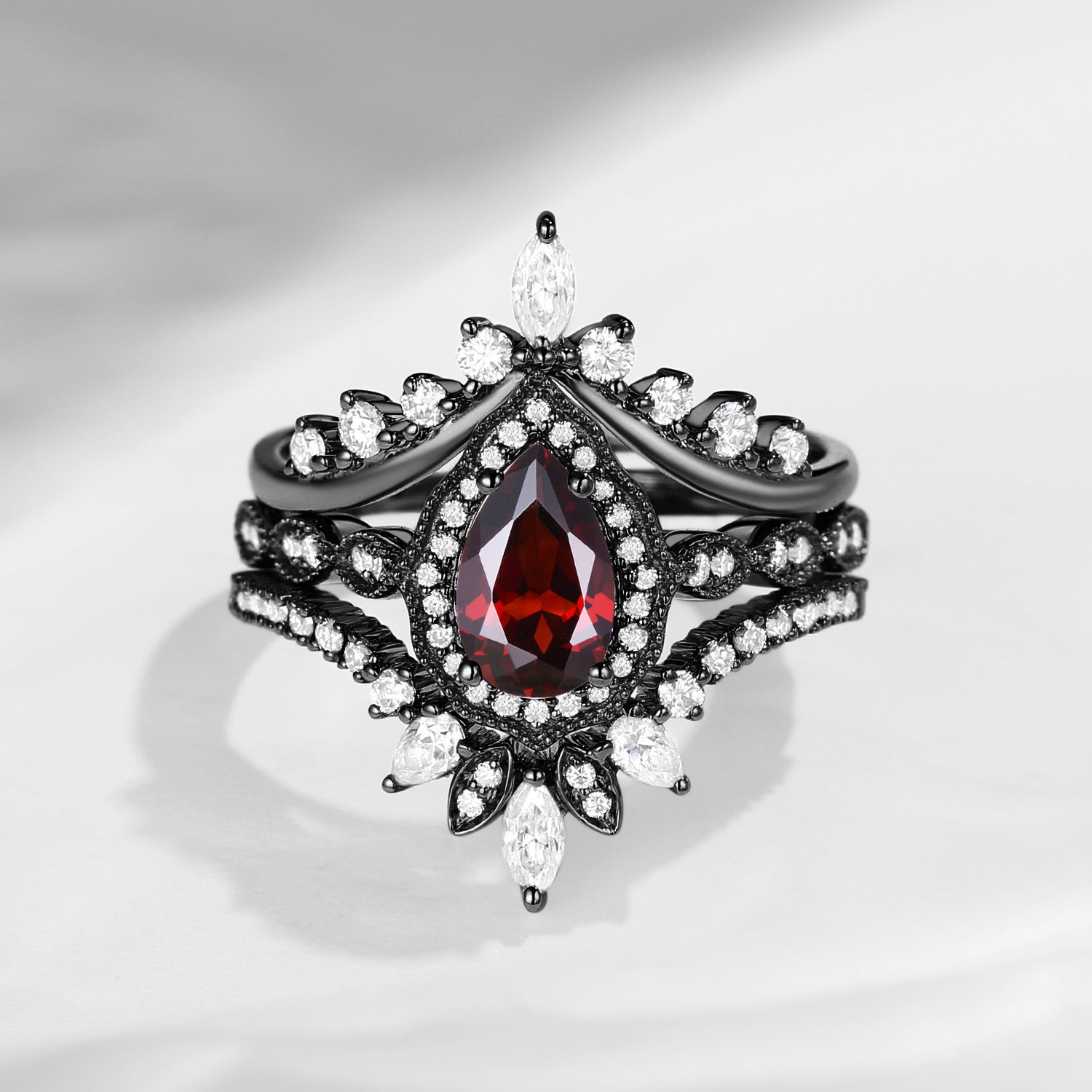 Vintage Inspired Pear Shaped Garnet Engagement Ring Set 3pcs - Diva