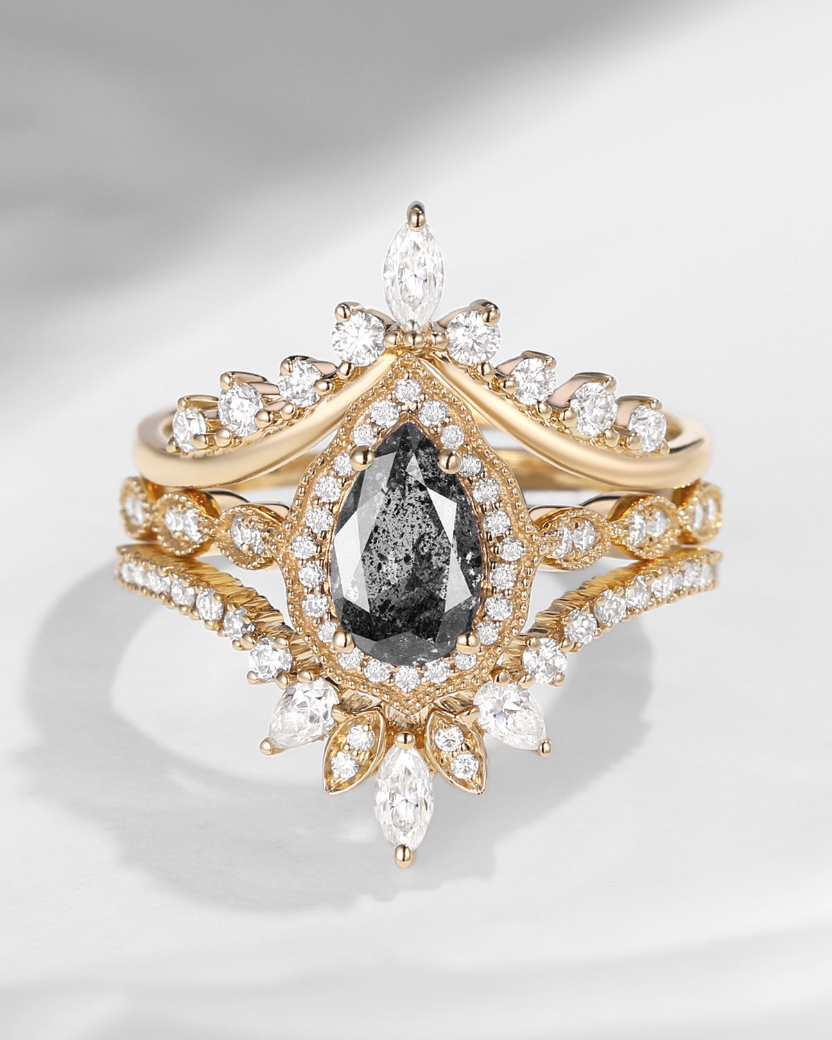 Pear Cut Salt and Pepper Diamond Engagement Ring Set 3pcs