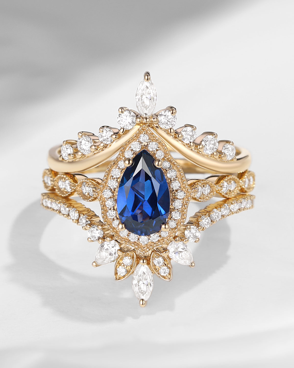 Vintage Inspired Pear Shaped Milgrain Lab Sapphire Engagement Ring Set 3pcs - Diva