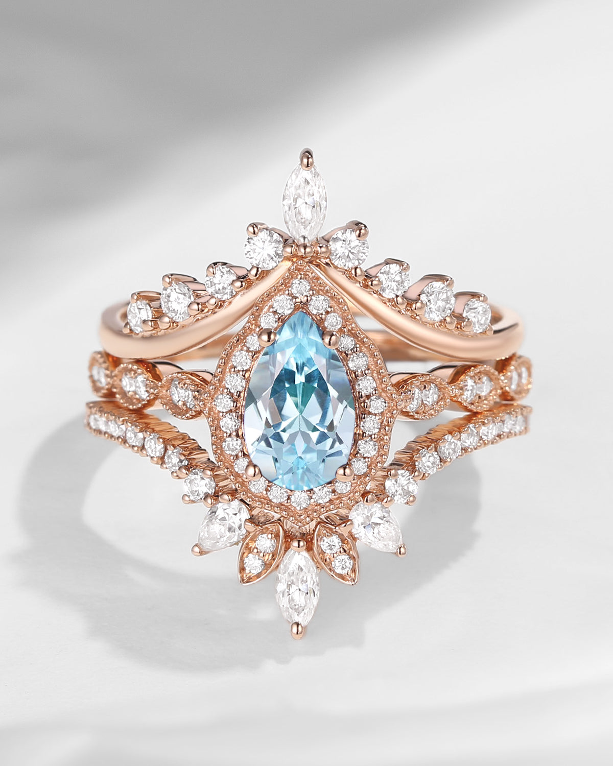 Vintage Inspired Pear Shaped Milgrain Aquamarine Engagement Ring Set 3pcs - Diva