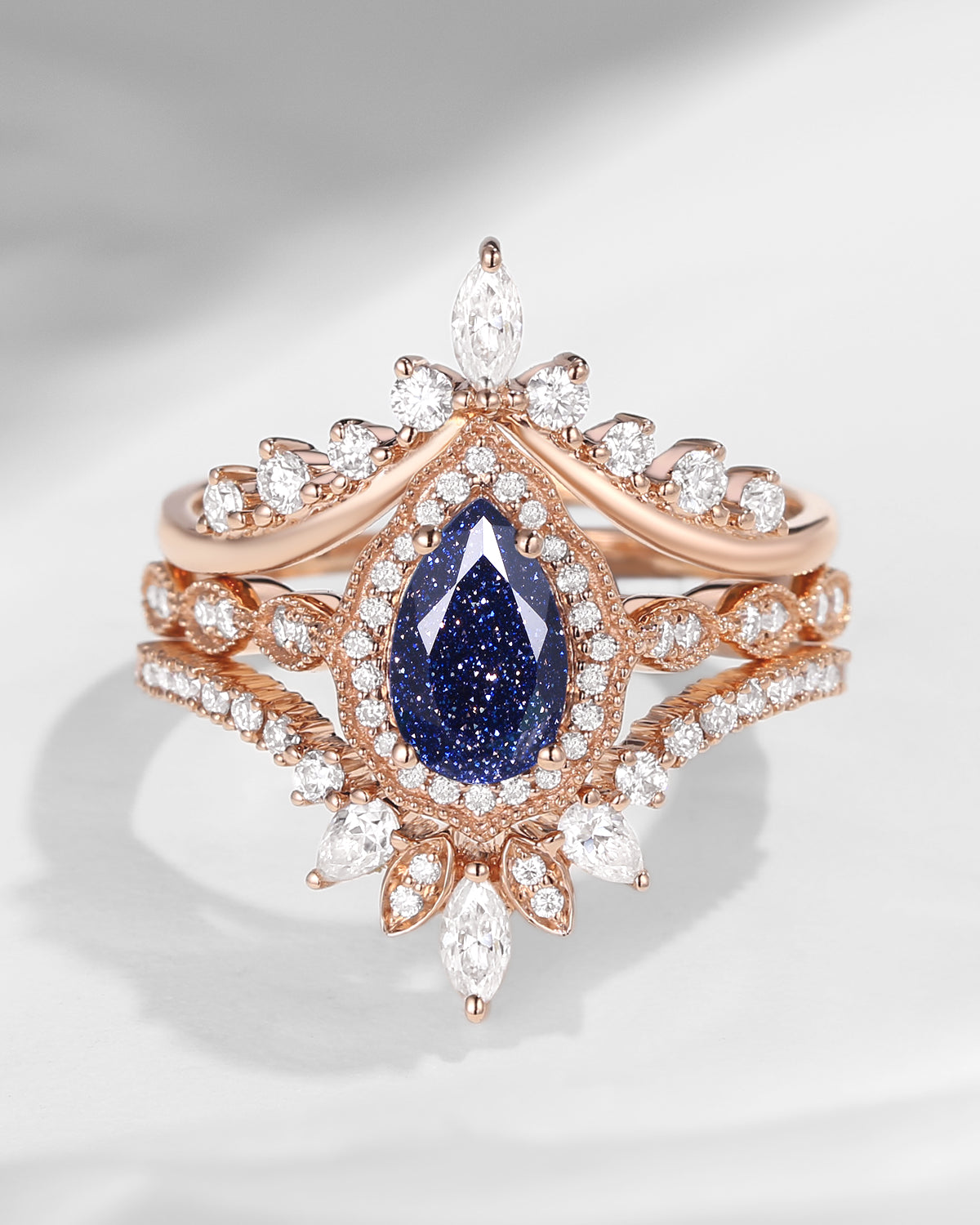 Vintage Inspired Pear Shaped Milgrain Blue Sandstone Engagement Ring Set 3pcs - Diva