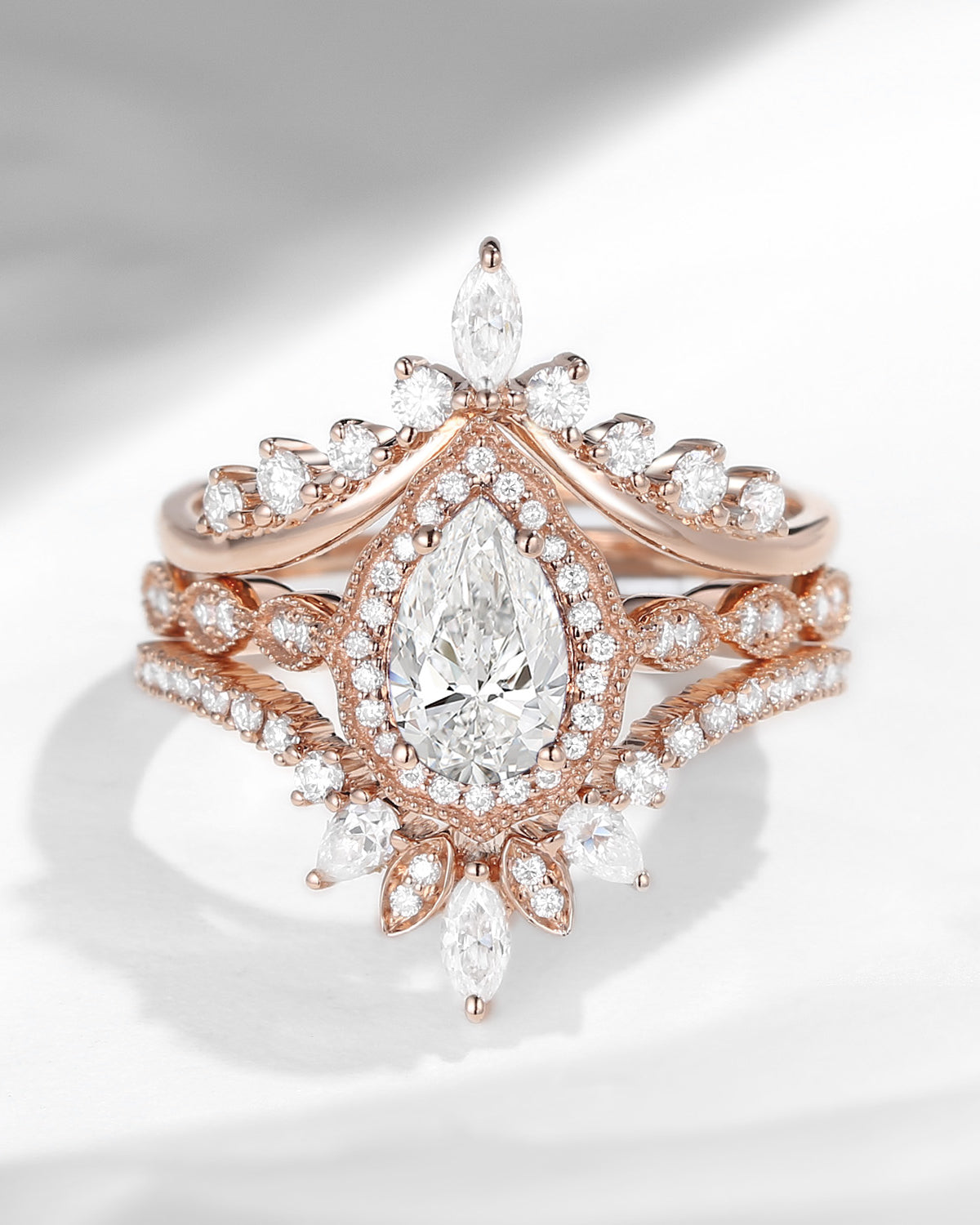 Pear shaped Moissanite Engagement Ring Set Rose Gold Milgrain Cluster Ring Vintage Style Unique Bridal Anniversary
