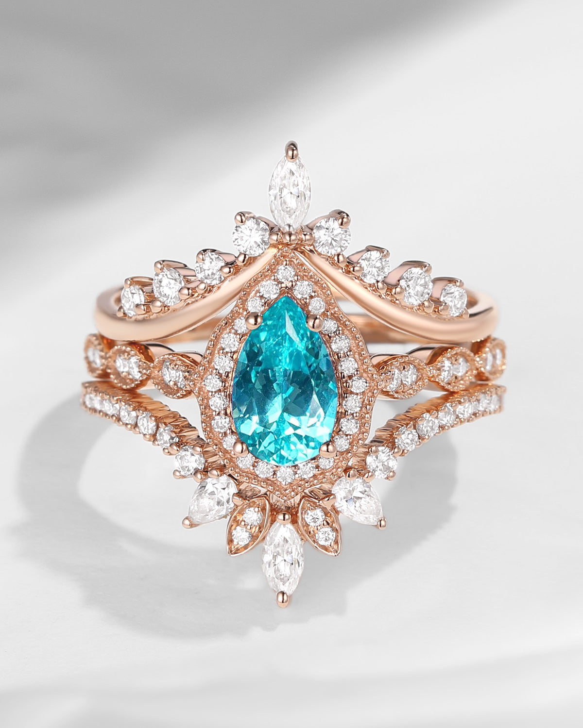 Vintage Inspired Pear Shaped Milgrain Lab Paraiba Engagement Ring Set 3pcs - Diva