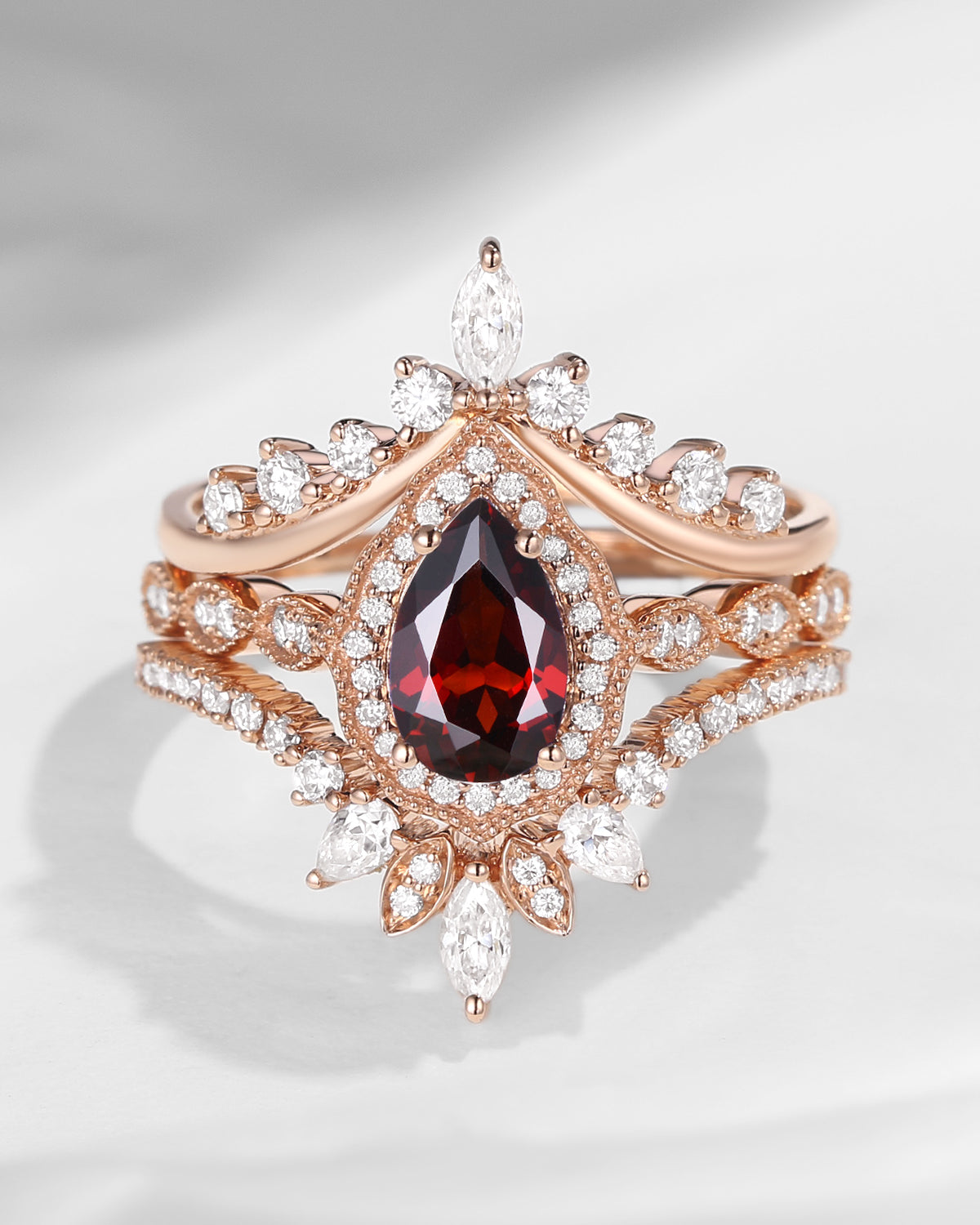 Vintage Inspired Pear Shaped Garnet Engagement Ring Set 3pcs - Diva