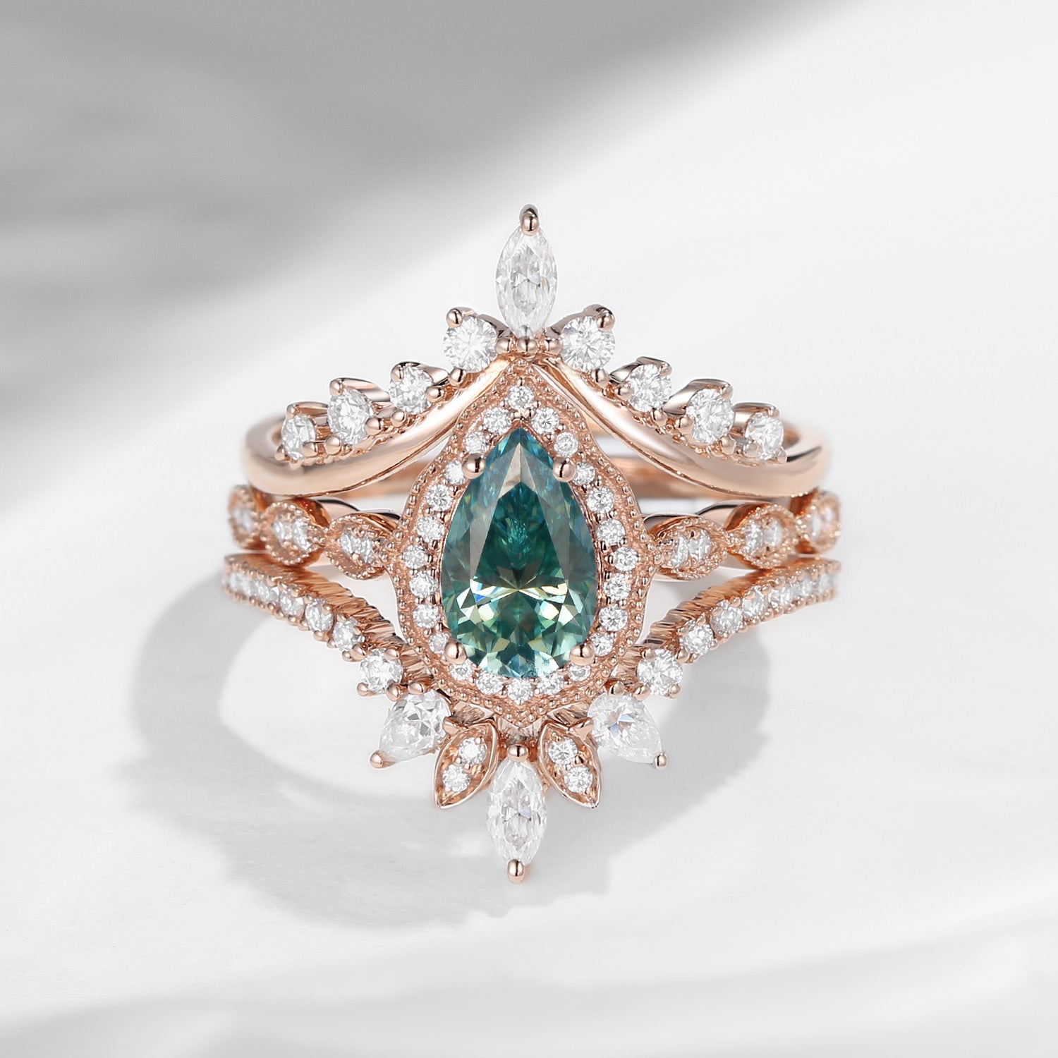 Vintage Inspired Pear Shaped Milgrain Green Moissanite Engagement Ring Set 3pcs - Diva