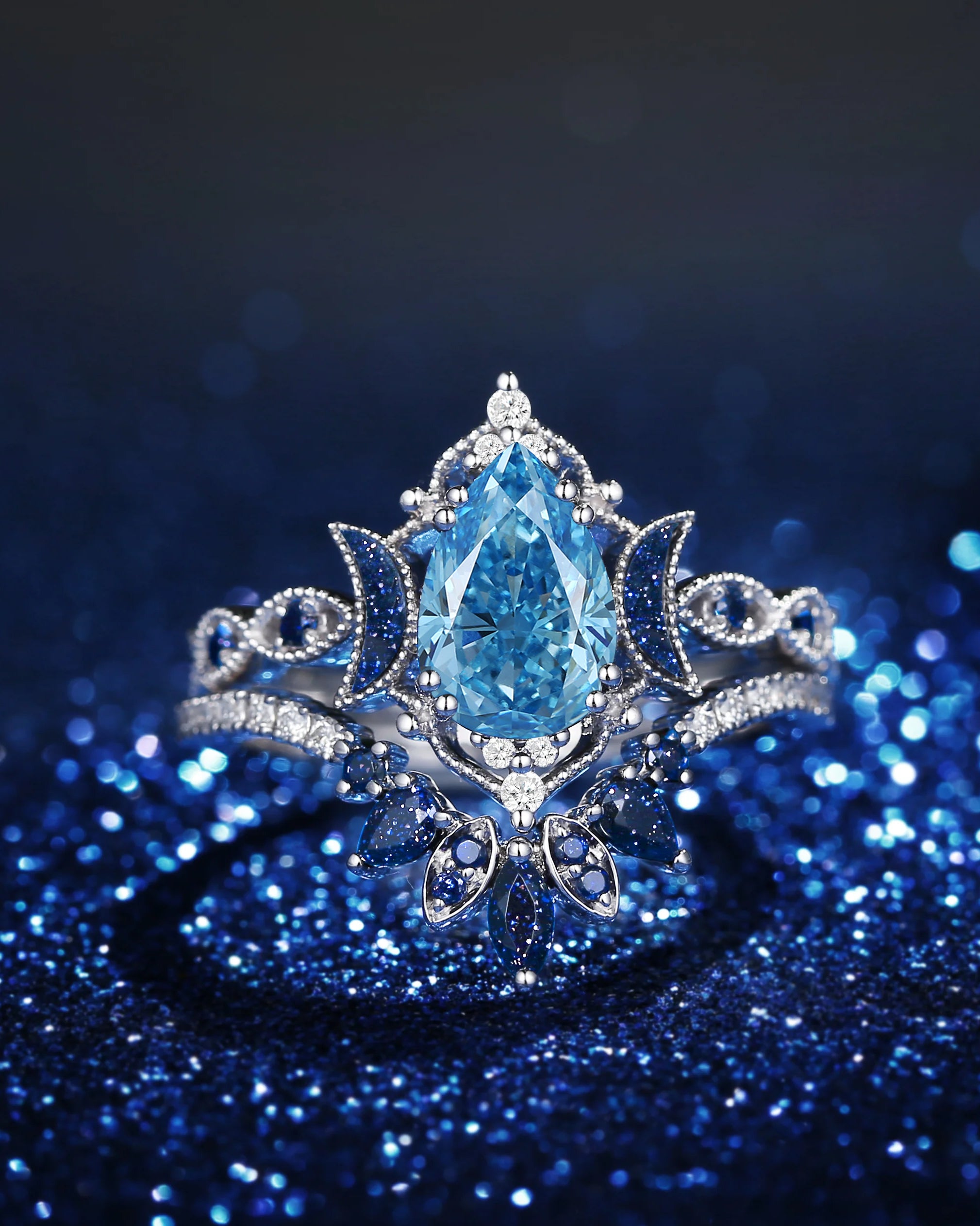 Crescent Moon | Pear Cut Blue Lab Diamond 'Ultra Galaxy' Blue Sandstone Engagement Ring Set 2pcs