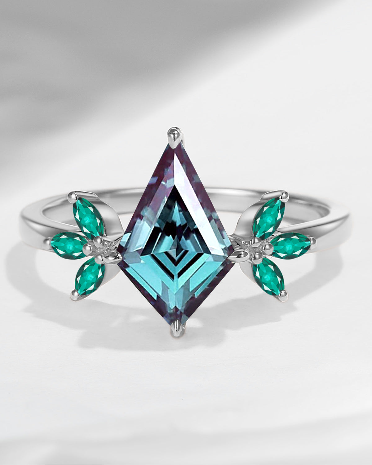 Kite Shaped Lab Alexandrite & Emerald Butterfly Cluster Engagement Ring