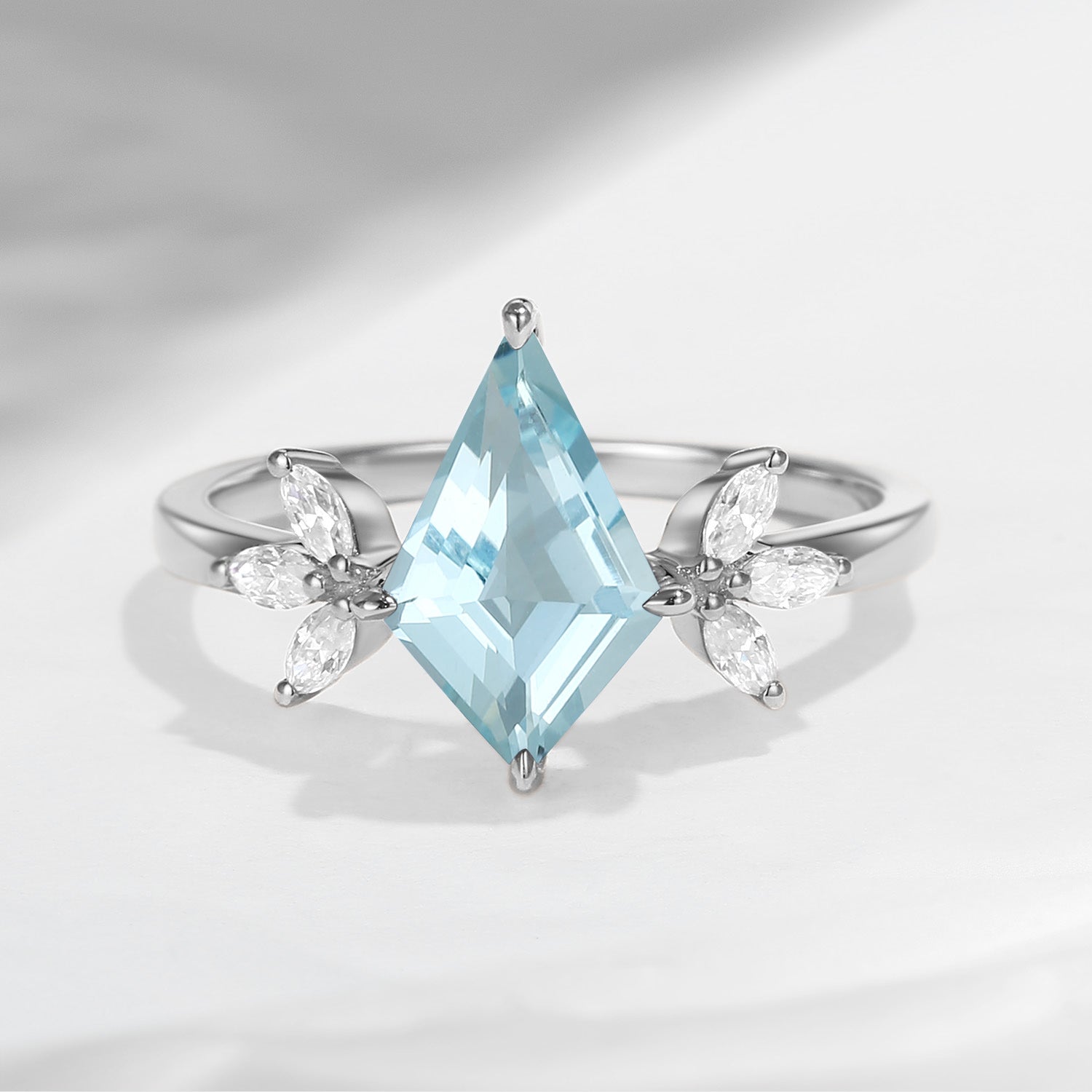 Kite Shaped Natural Aquamarine Butterfly Cluster Engagement Ring