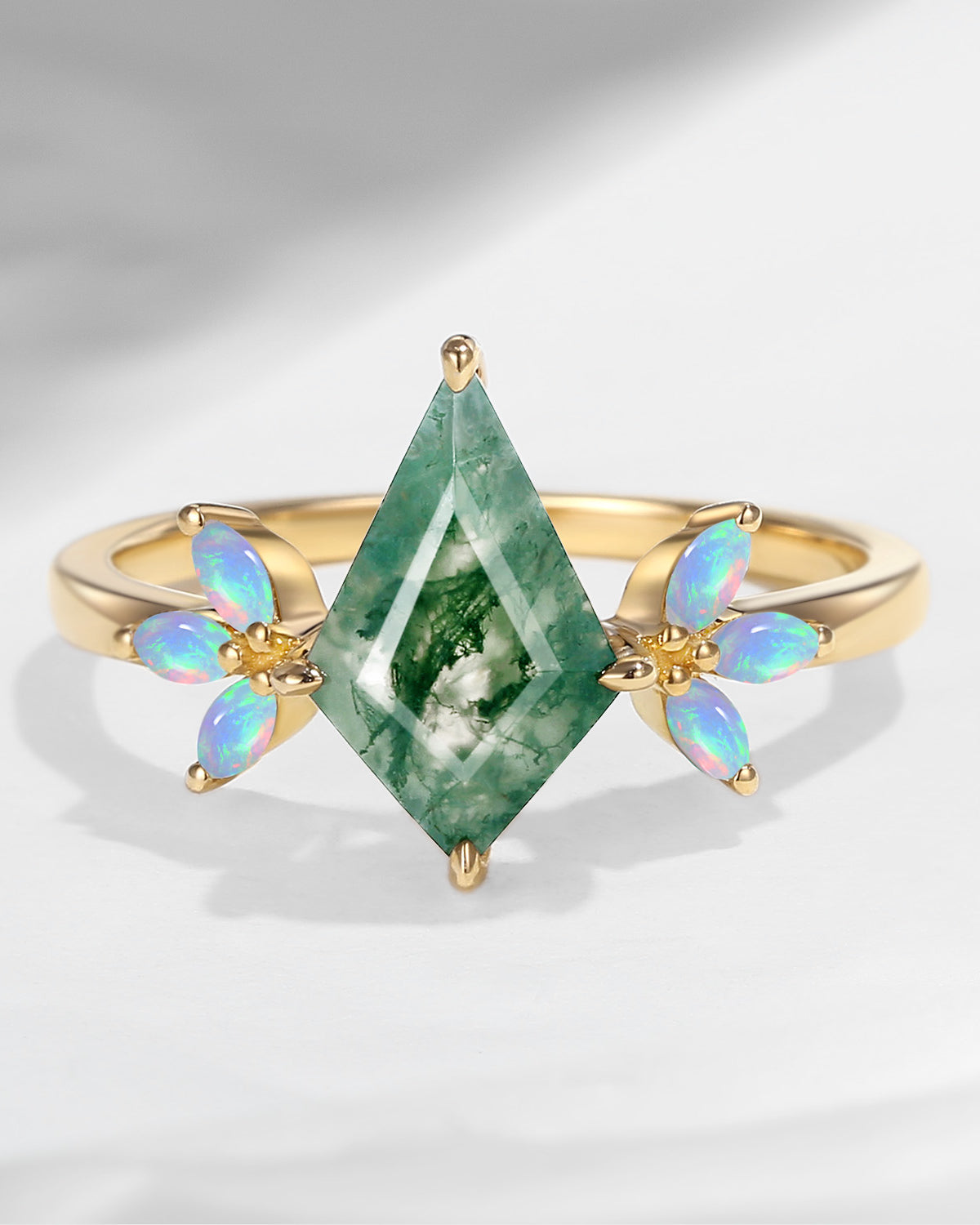 Kite Shaped Moss Agate & Natural Opal Butterfly Cluster Engagement Ring