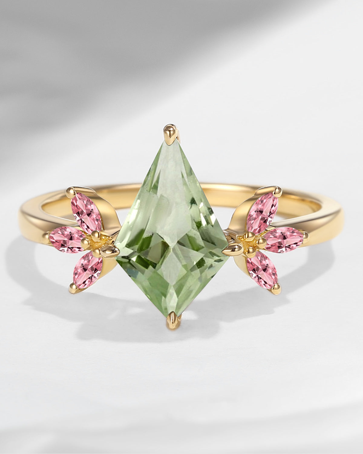 Unique Kite Shaped Green Amethyst & Natural Pink Tourmaline Butterfly Engagement Ring