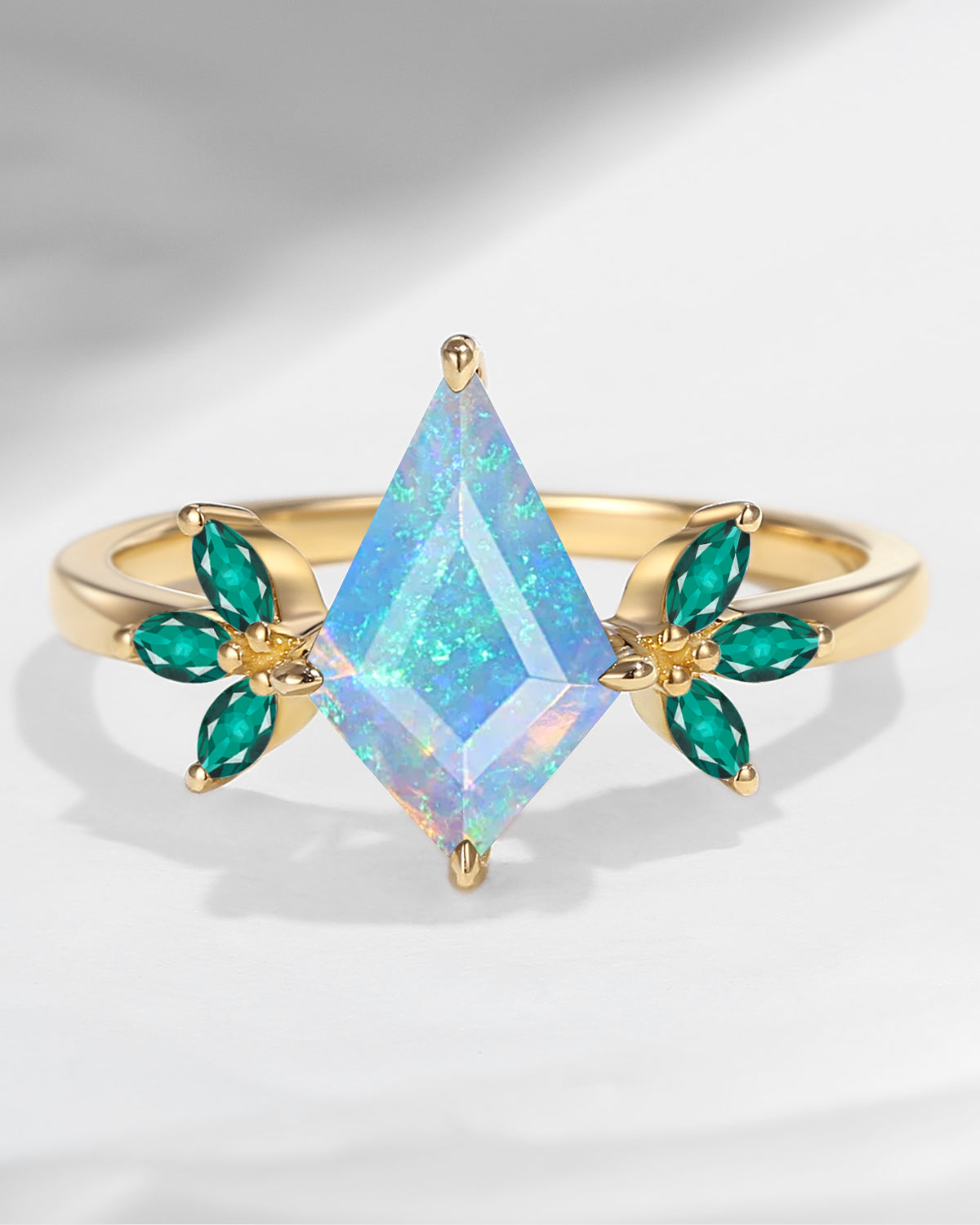 Unique Kite Shaped Natural Opal & Emerald Butterfly Engagement Ring