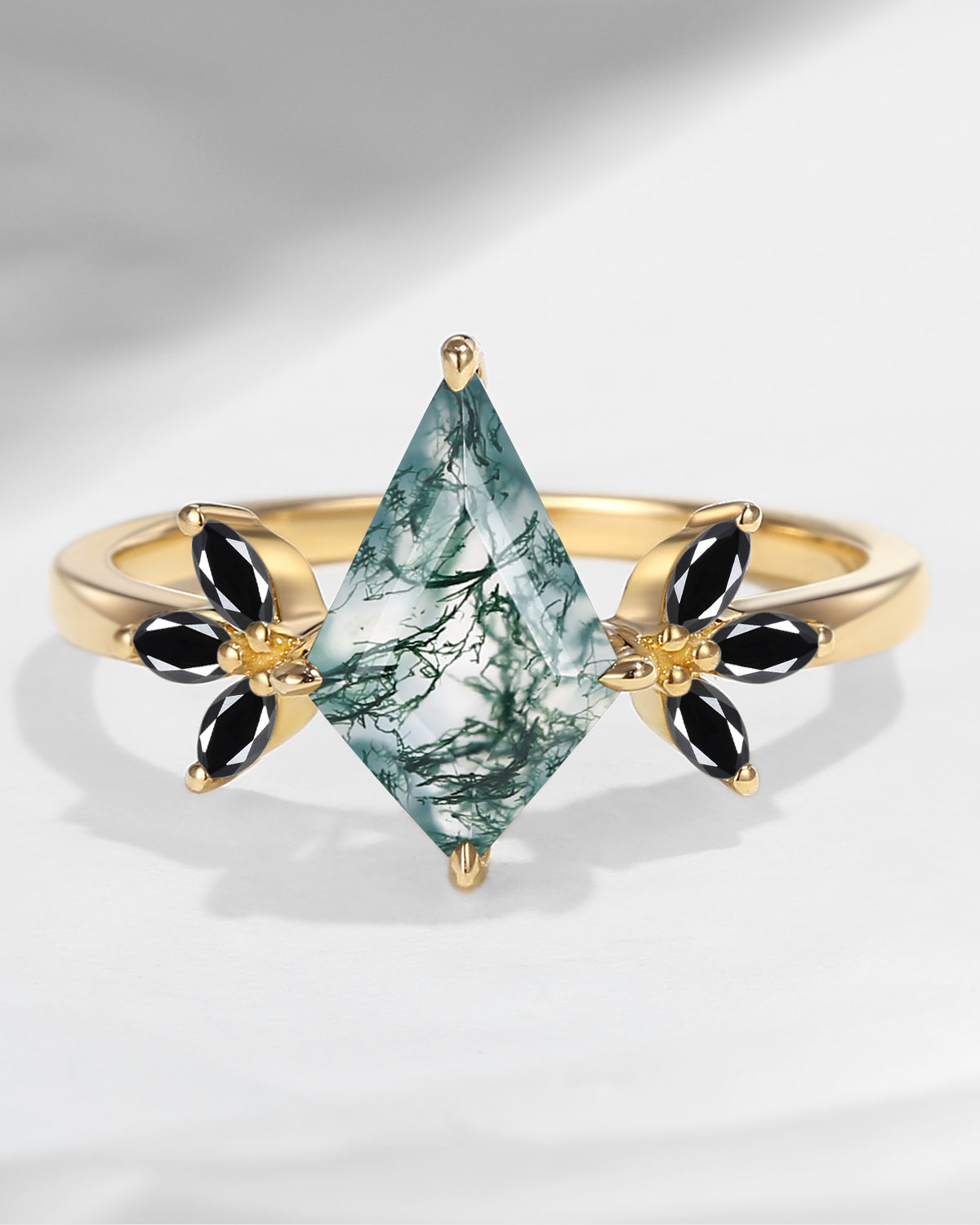 Unique Kite Shaped Moss Agate & Black Moissanite Butterfly Engagement Ring