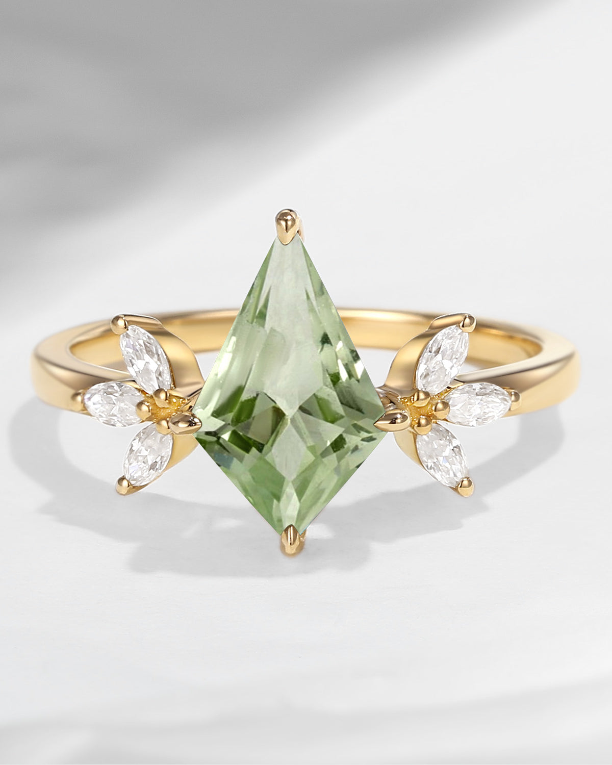 Unique Kite Shaped Green Amethyst Butterfly Engagement Ring