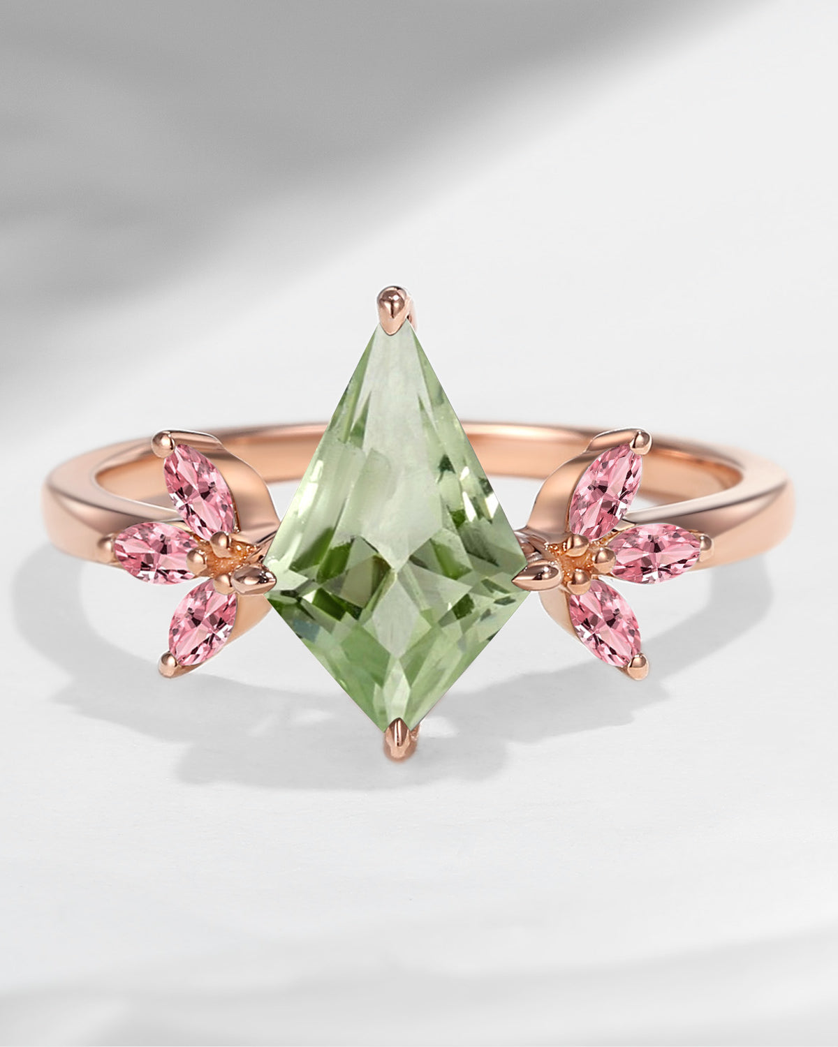 Unique Kite Shaped Green Amethyst & Natural Pink Tourmaline Butterfly Engagement Ring