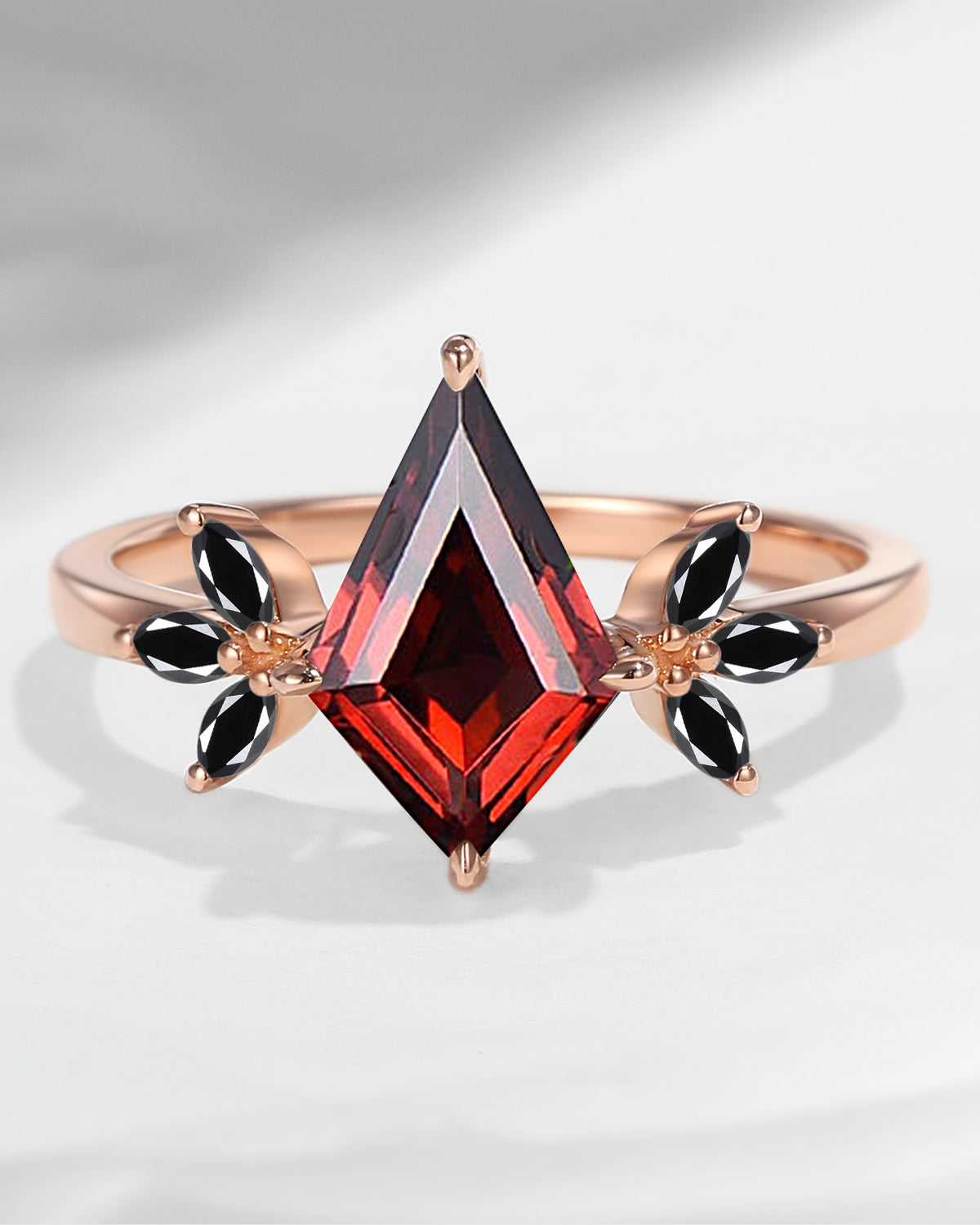 Art Deco Kite Shaped Garnet & Black Moissanite Butterfly Engagement Ring
