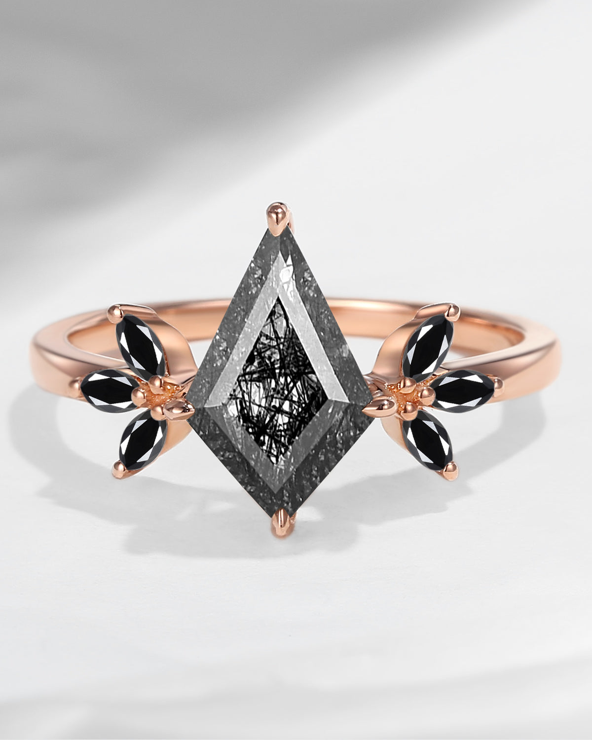 Unique Kite Shaped Black Rutilated Quartz & Black Moissanite Butterfly Engagement Ring