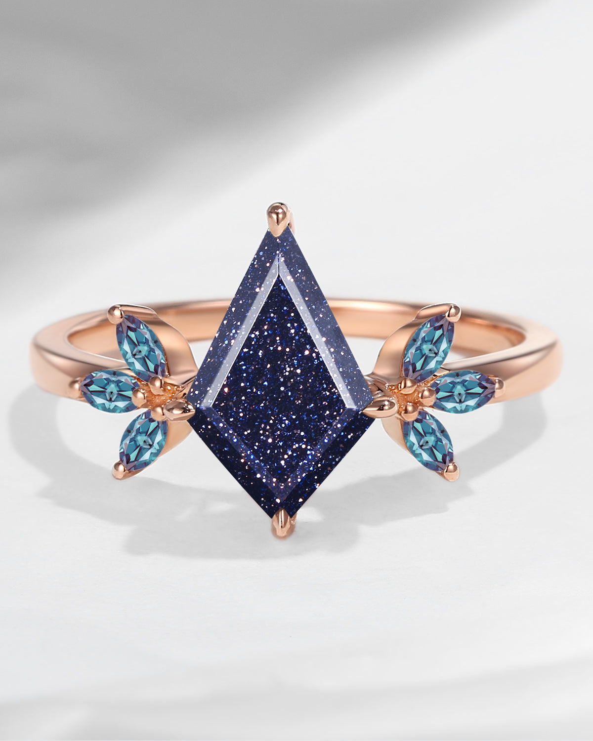 Kite Shaped Blue Sandstone & Lab Alexandrite Butterfly Cluster Engagement Ring