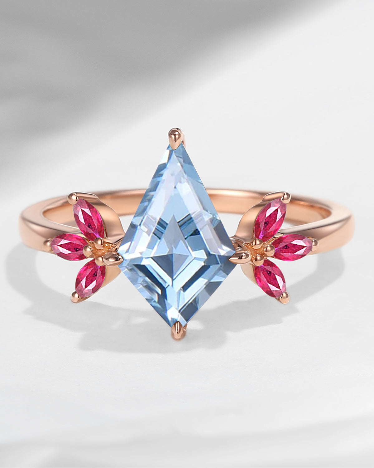 Kite Shaped Natural Aquamarine & Ruby Butterfly Cluster Engagement Ring