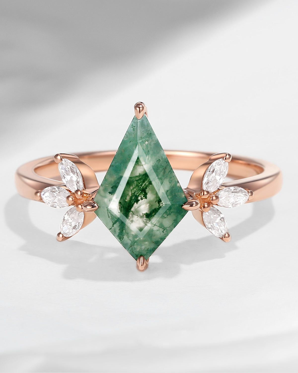Unique Kite Shaped Moss Agate Butterfly Engagement Ring