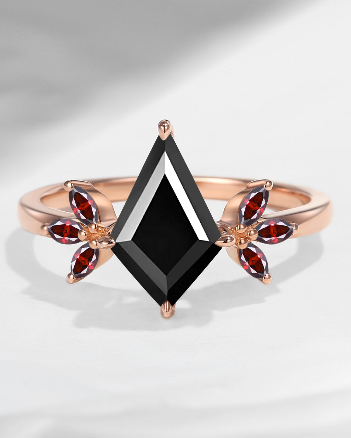 Kite Shaped Black Moissanite & Garnet Butterfly Cluster Engagement Ring