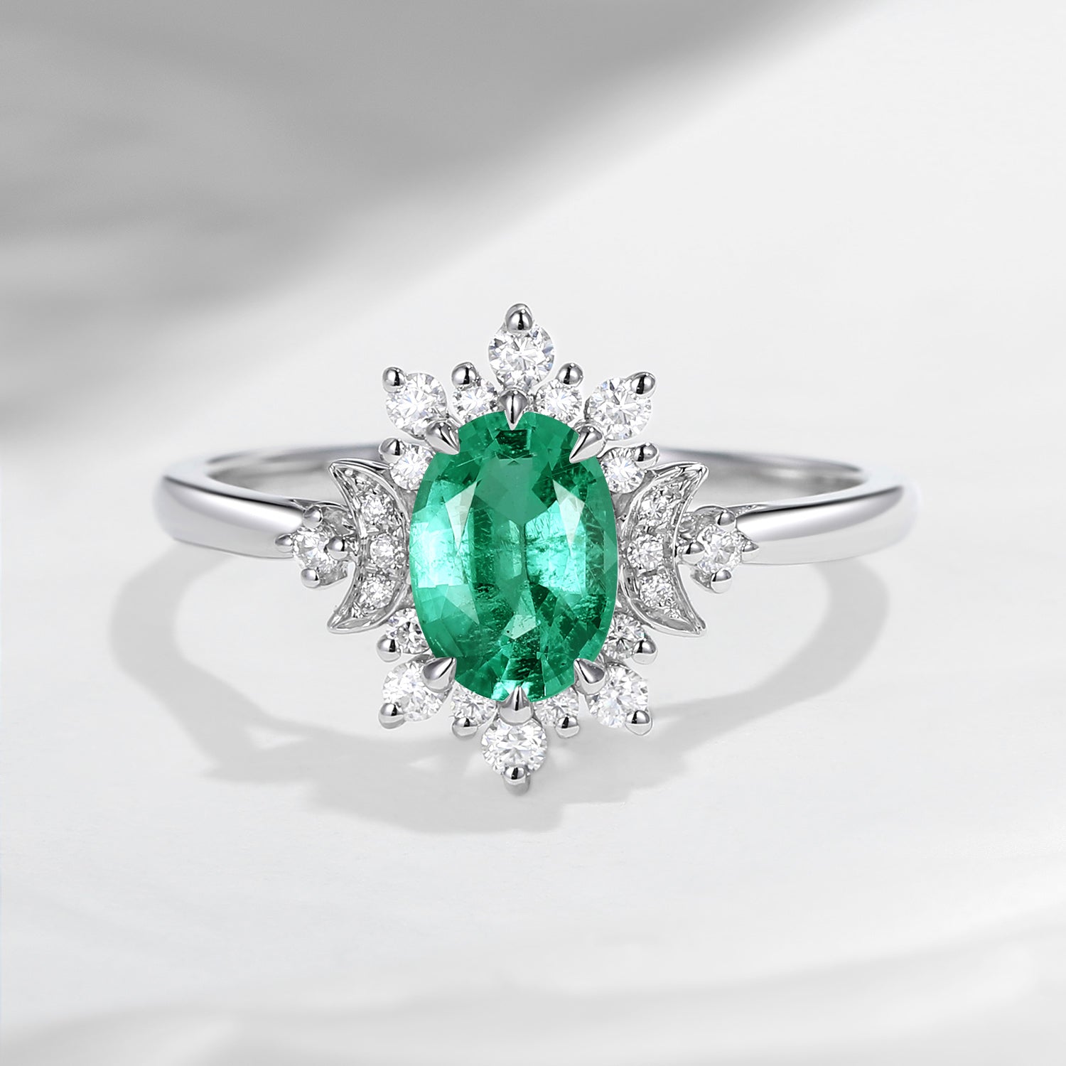 Crescent Moon | Oval Snowflake Halo Natural Emerald Engagement Ring - Moonlight In Vermont