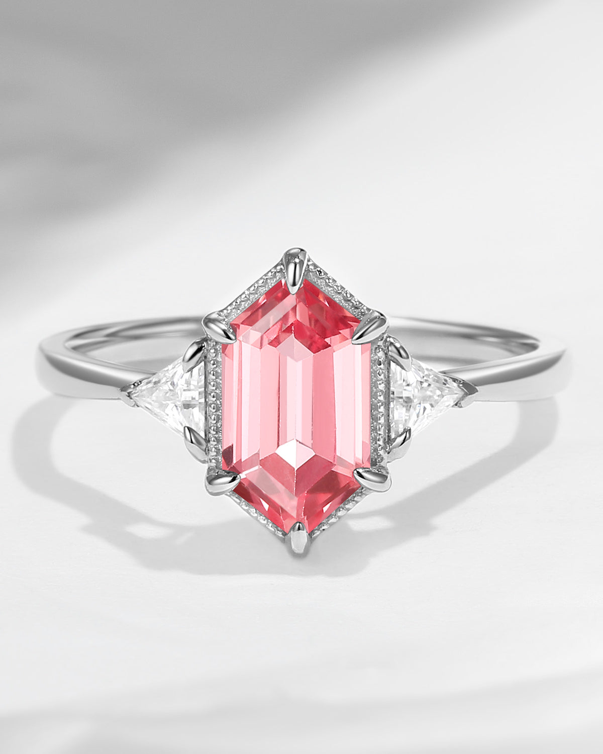 Vintage Long Hexagon Lab Pink Sapphire Engagement Ring