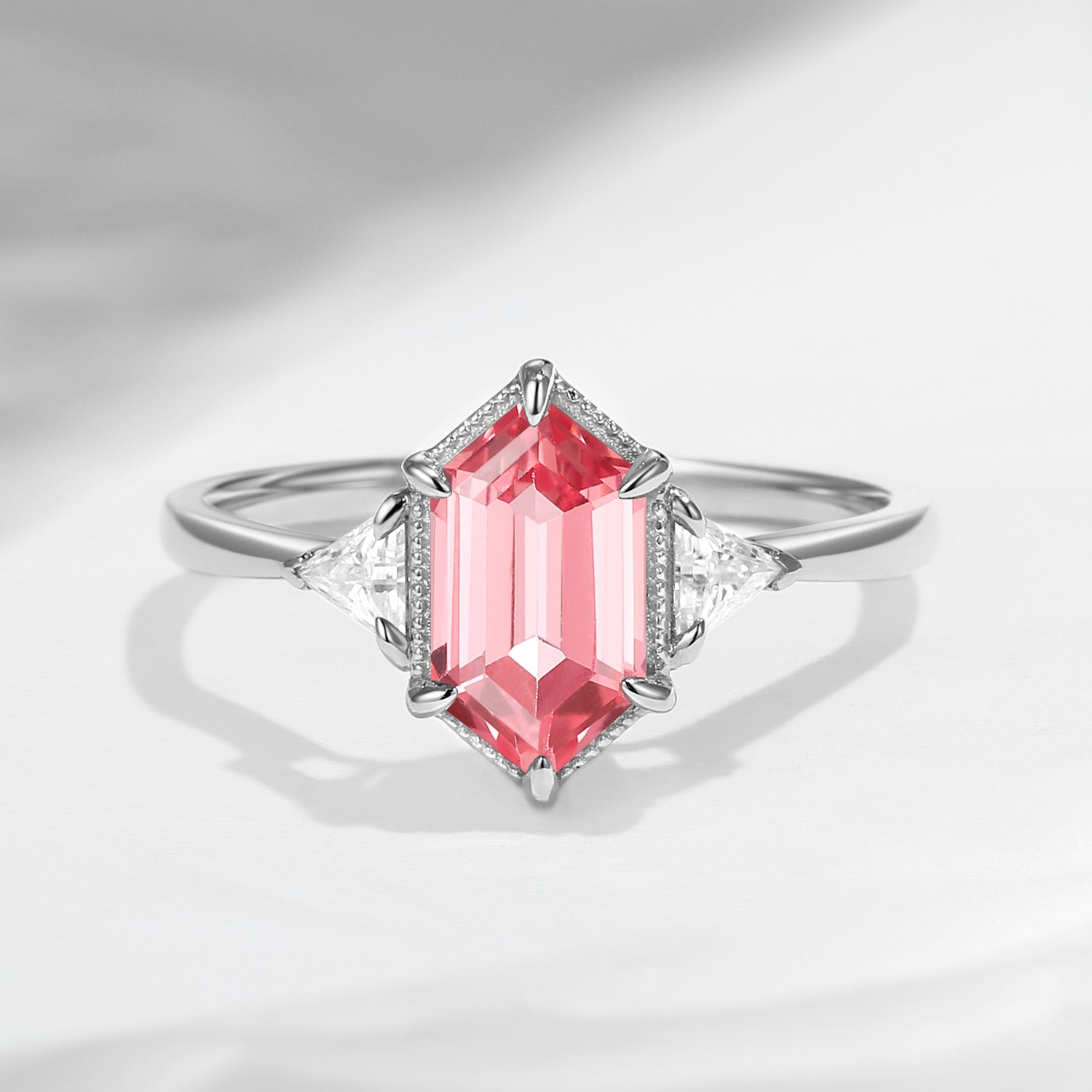 Vintage Long Hexagon Lab Pink Sapphire Engagement Ring