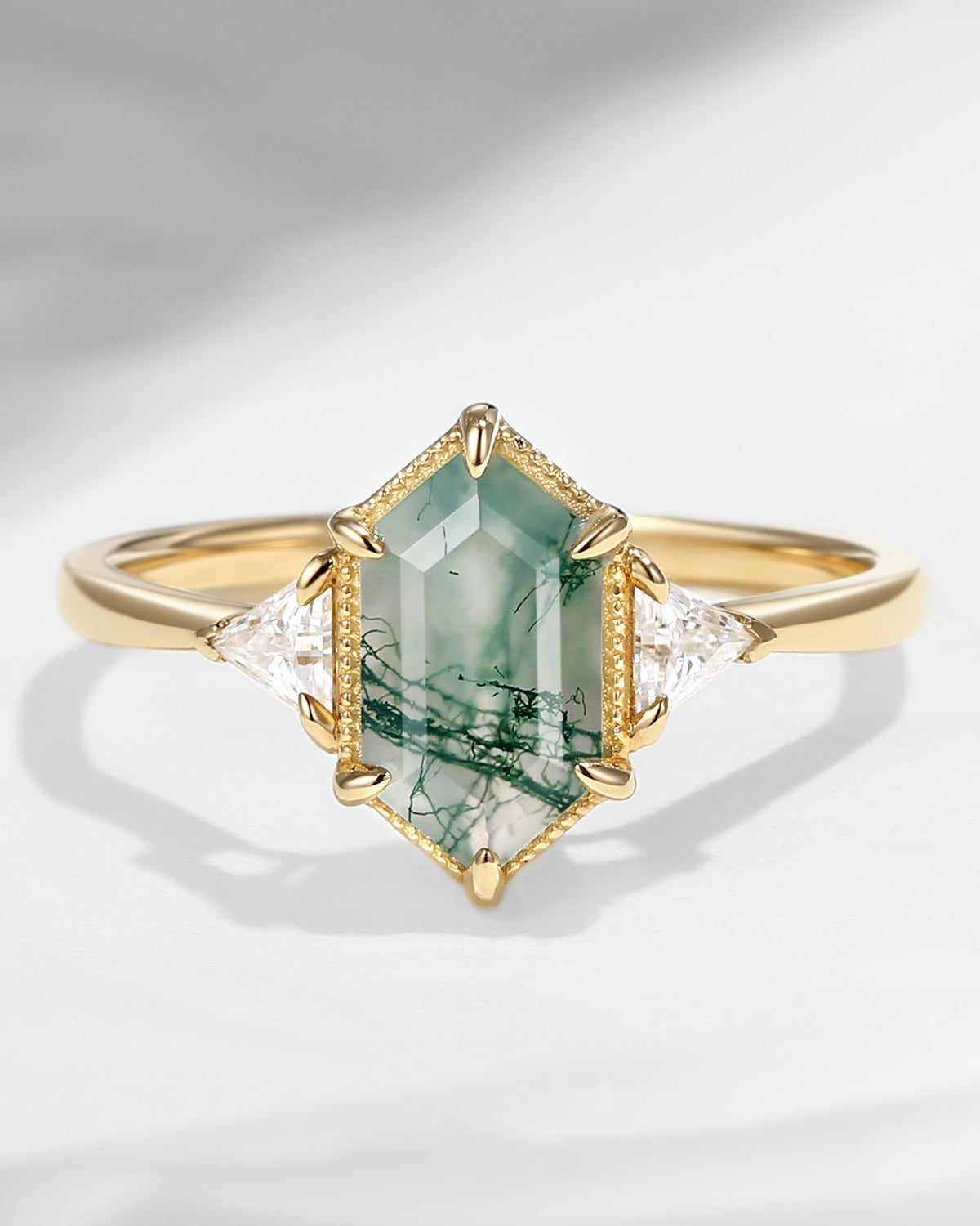 Vintage Long Hexagon Moss Agate Engagement Ring