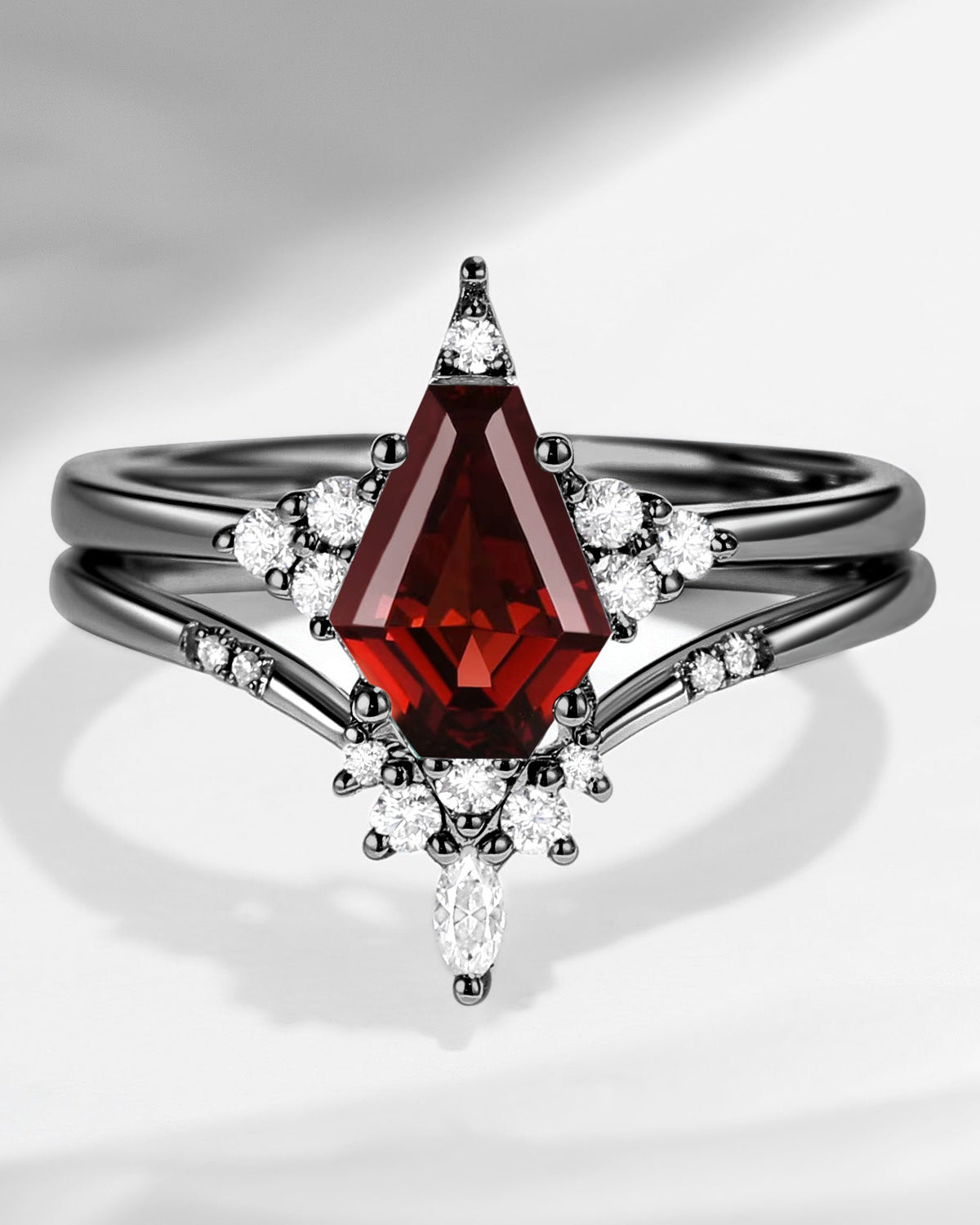Unique Coffin Garnet Black Gold Engagement Star Ring Set 2pcs - Coffin Kite