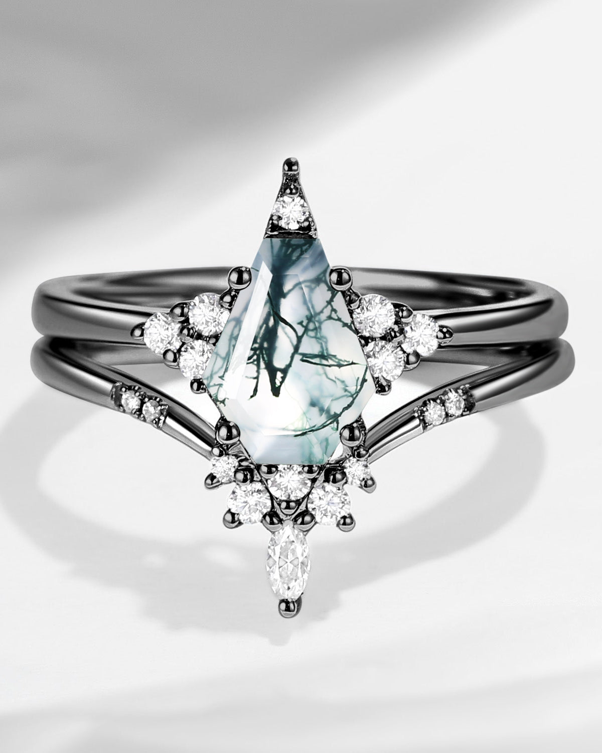 Unique Coffin Moss Agate Black Gold Engagement Star Ring Set 2pcs - Coffin Kite