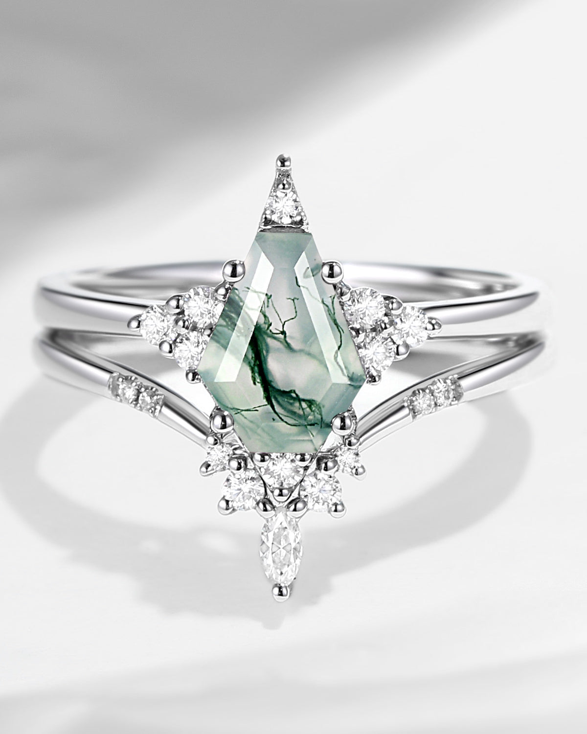 Unique Coffin Moss Agate Engagement Star Ring Set 2pcs - Coffin Kite