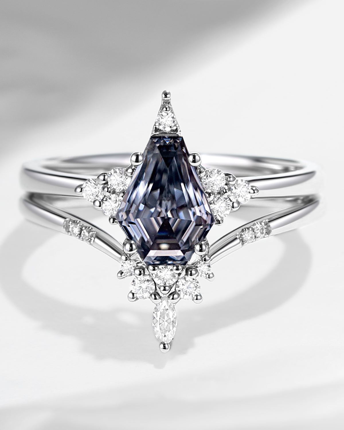 18K Unique Coffin Grey Moissanite Engagement Ring Star Ring Set 2pcs - Coffin Kite