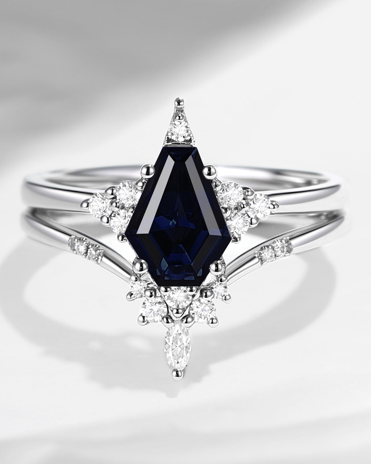 Unique Coffin Natural Black Sapphire Engagement Star Ring Set 2pcs - Coffin Kite