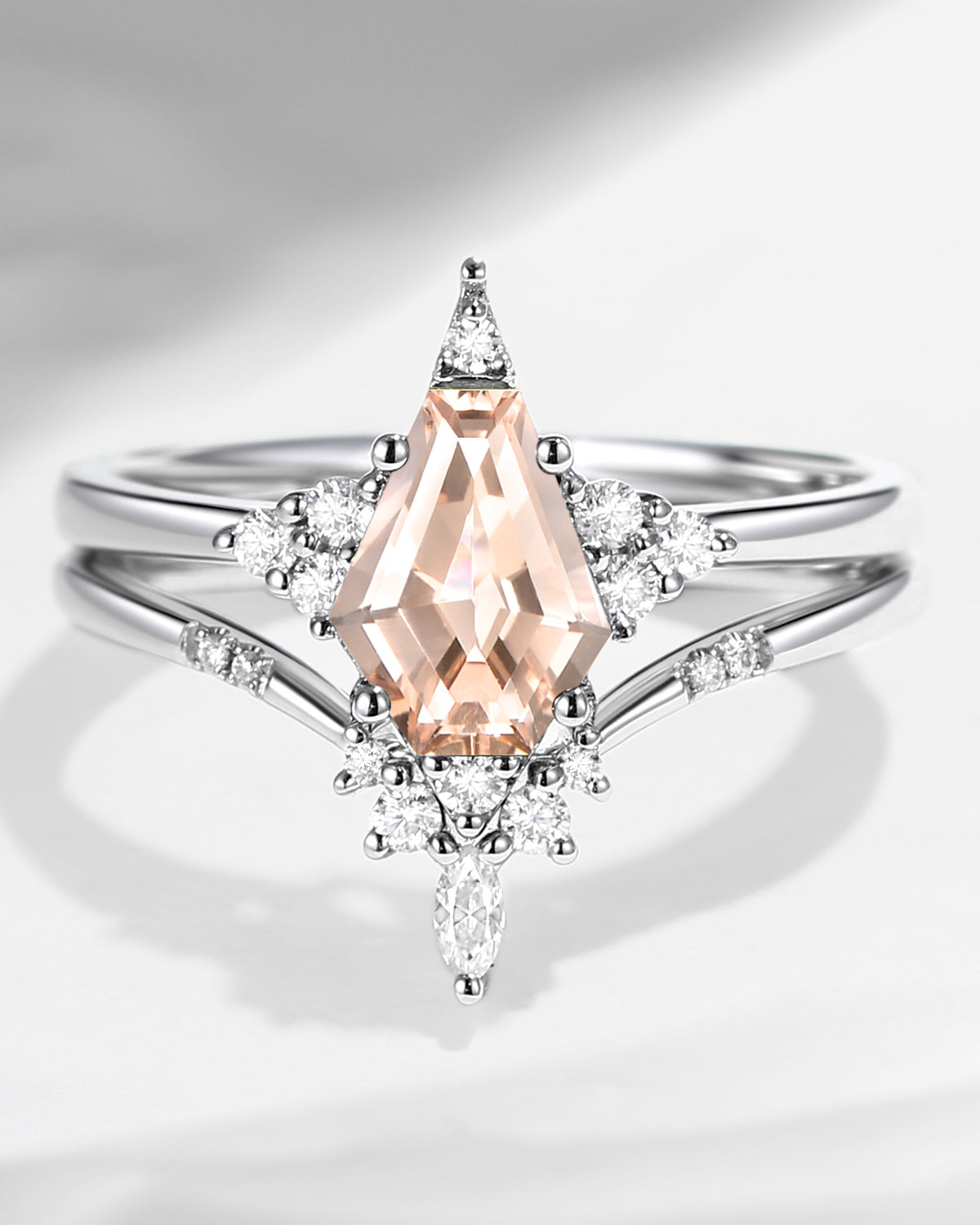Coffin Morganite Cluster Engagement Star Ring Set 2pcs - Coffin Kite