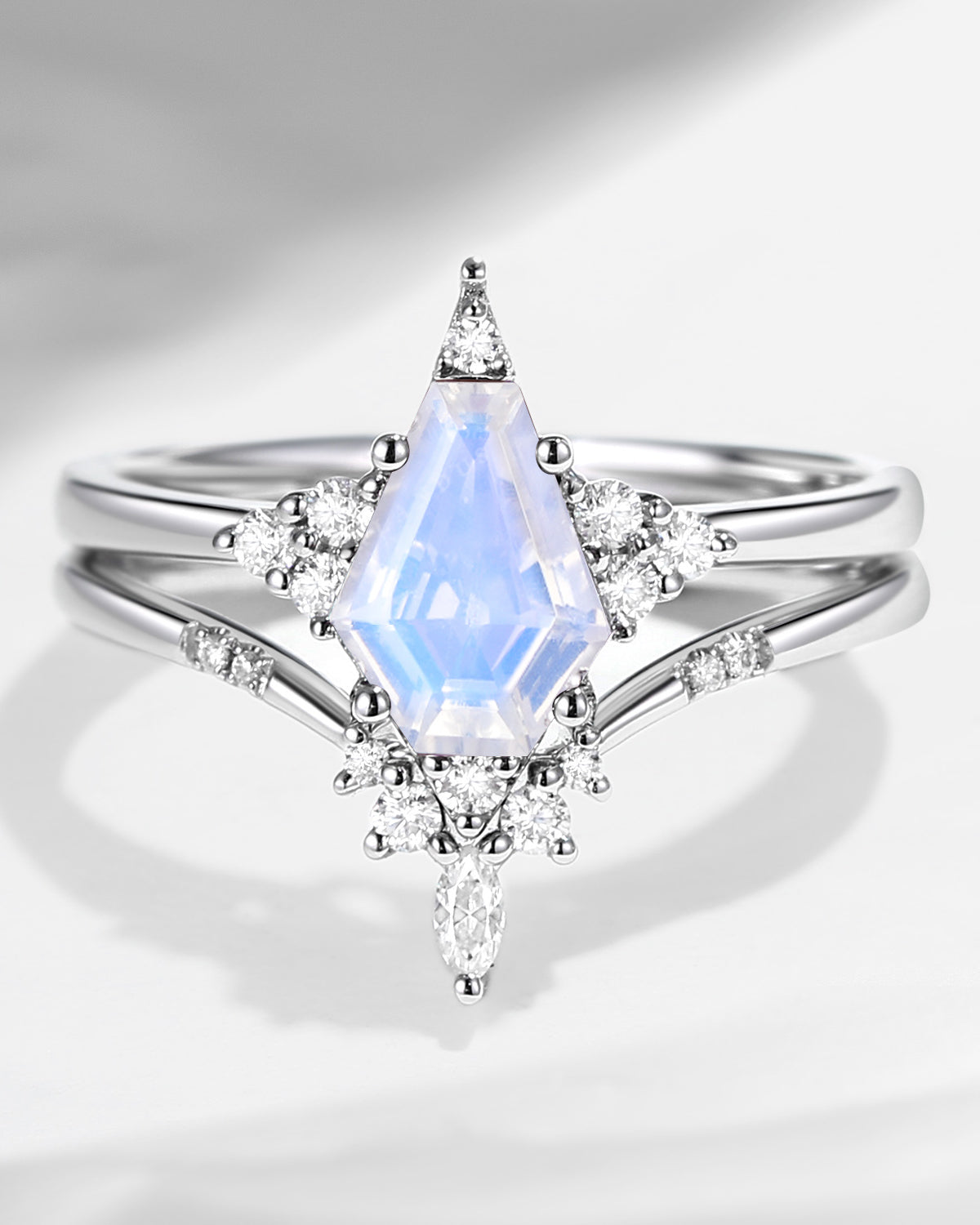 Unique Coffin Moonstone Engagement Ring Star Ring Set 2Pcs
