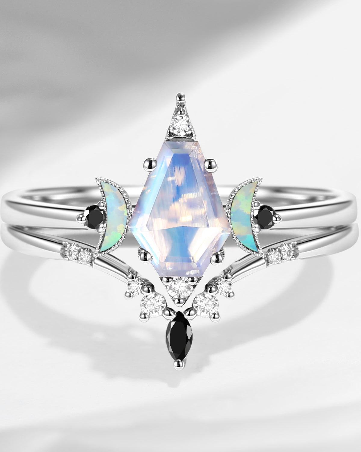 18K Vintage Coffin Moonstone Engagement Ring Set 2pcs - Coffin Kite
