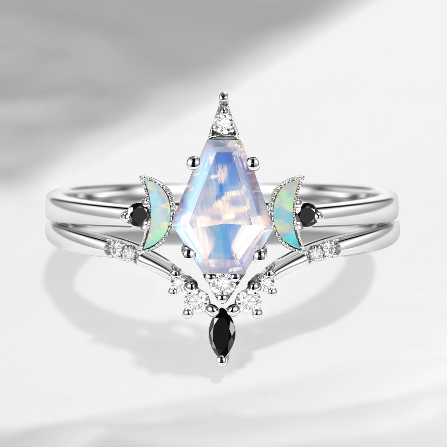 18K Vintage Coffin Moonstone Engagement Ring Set 2pcs - Coffin Kite