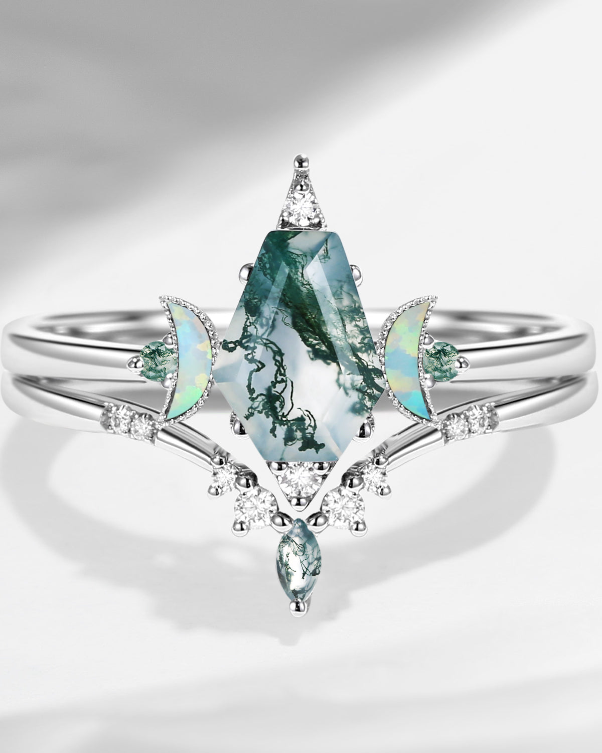Vintage Coffin Moss Agate Engagement Star Ring Set 2pcs - Coffin Kite