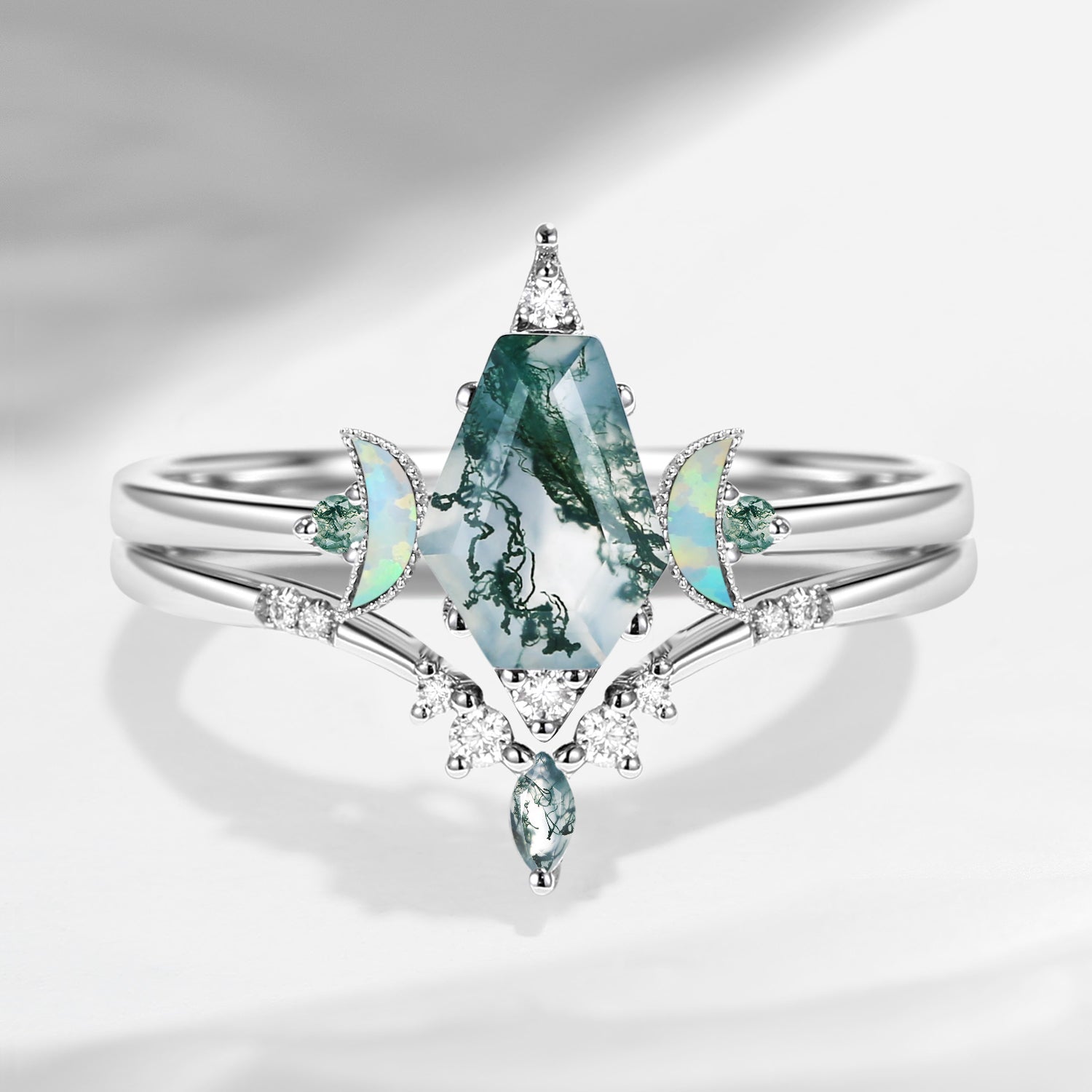 Vintage Coffin Moss Agate Engagement Star Ring Set 2pcs - Coffin Kite
