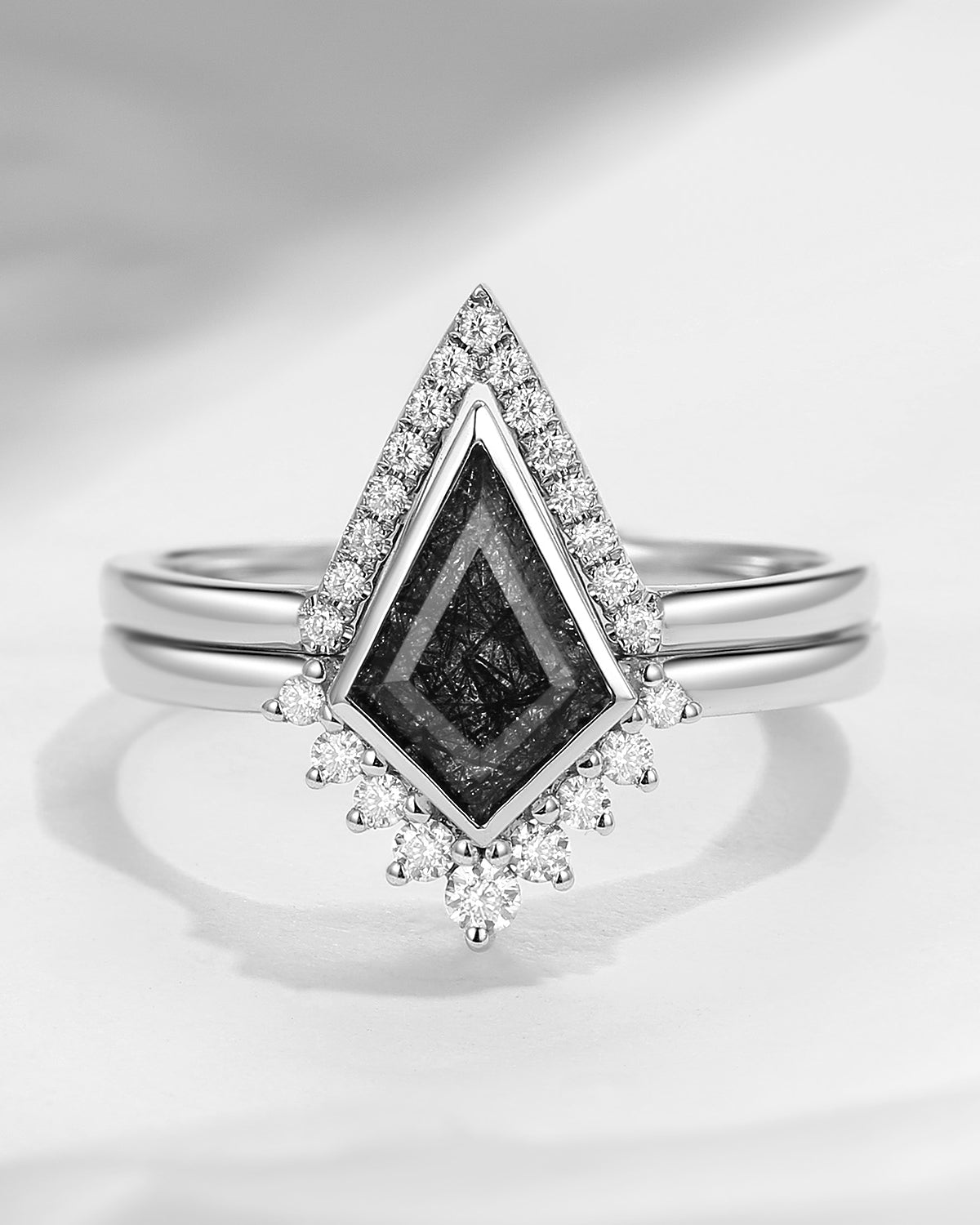 Kite Shaped Black Rutilated Quartz Engagement Ring Set